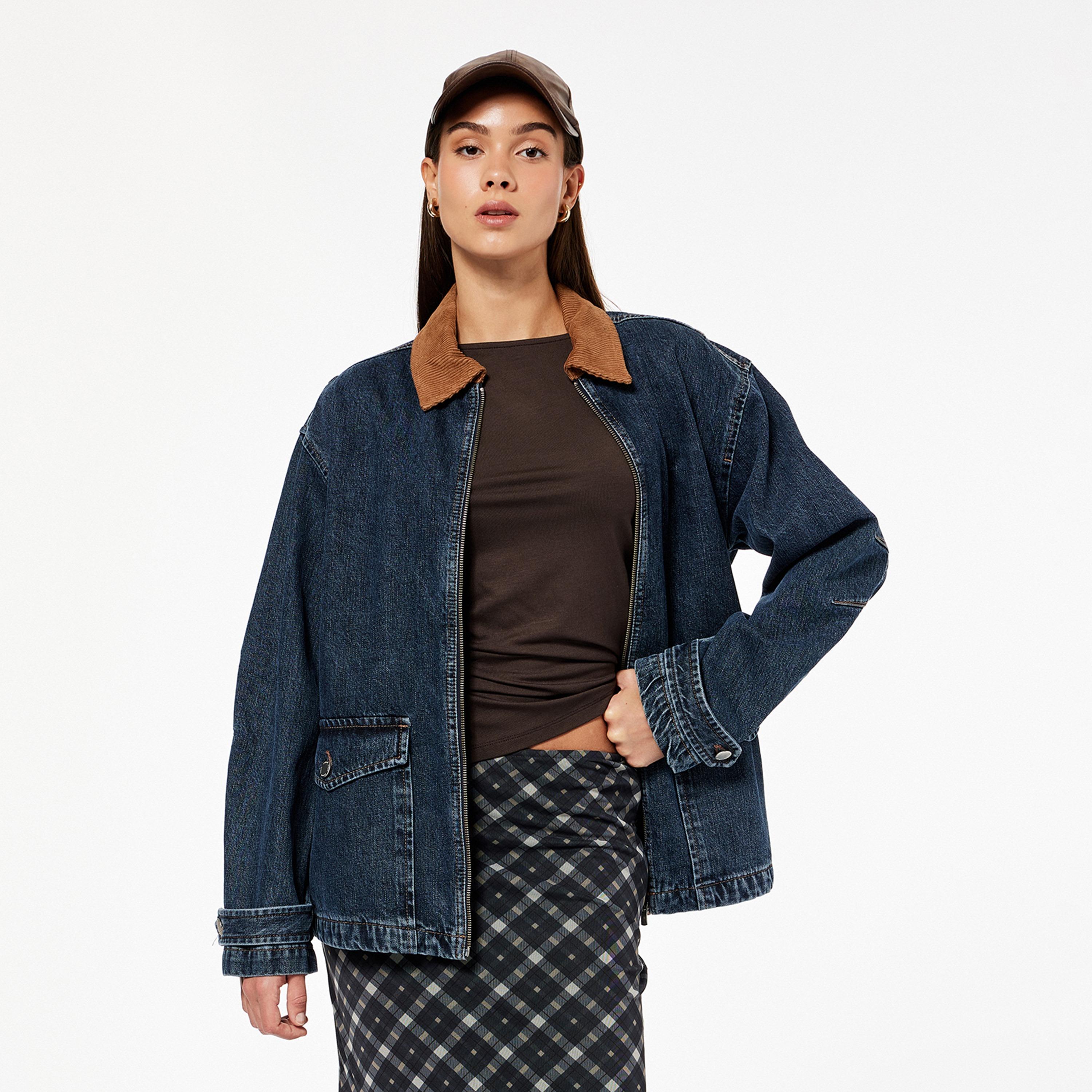 معطف قطن نسائي بياقة متباينة بلون كحلي من كوتون-women-winterwear-coatsandjackets-coats-image-1