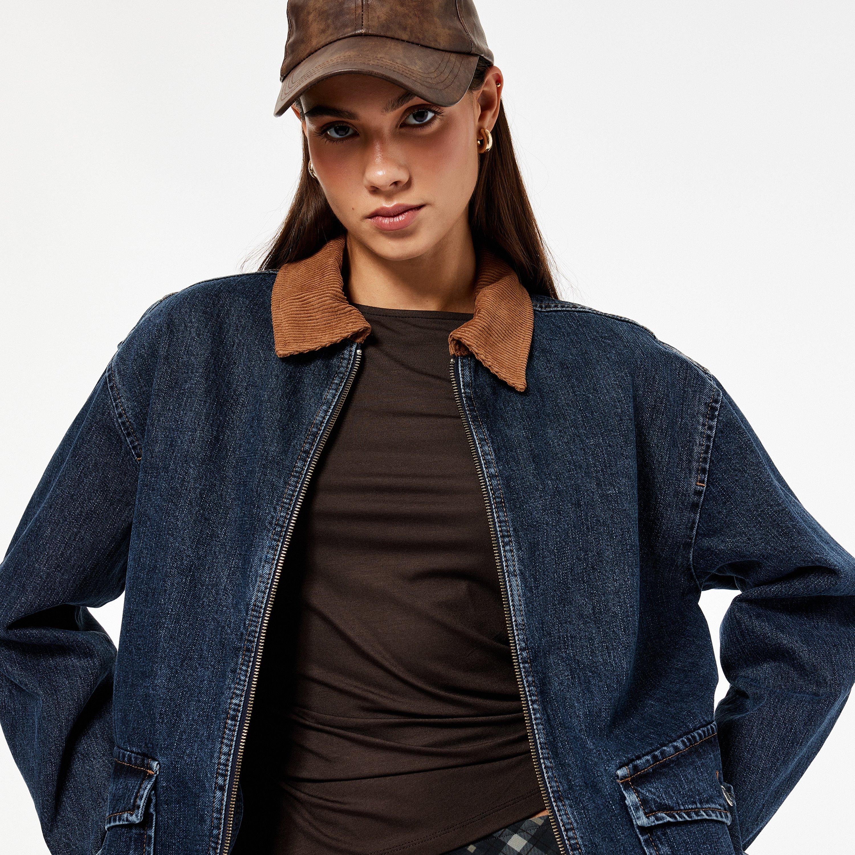 معطف قطن نسائي بياقة متباينة بلون كحلي من كوتون-women-winterwear-coatsandjackets-coats-image-3