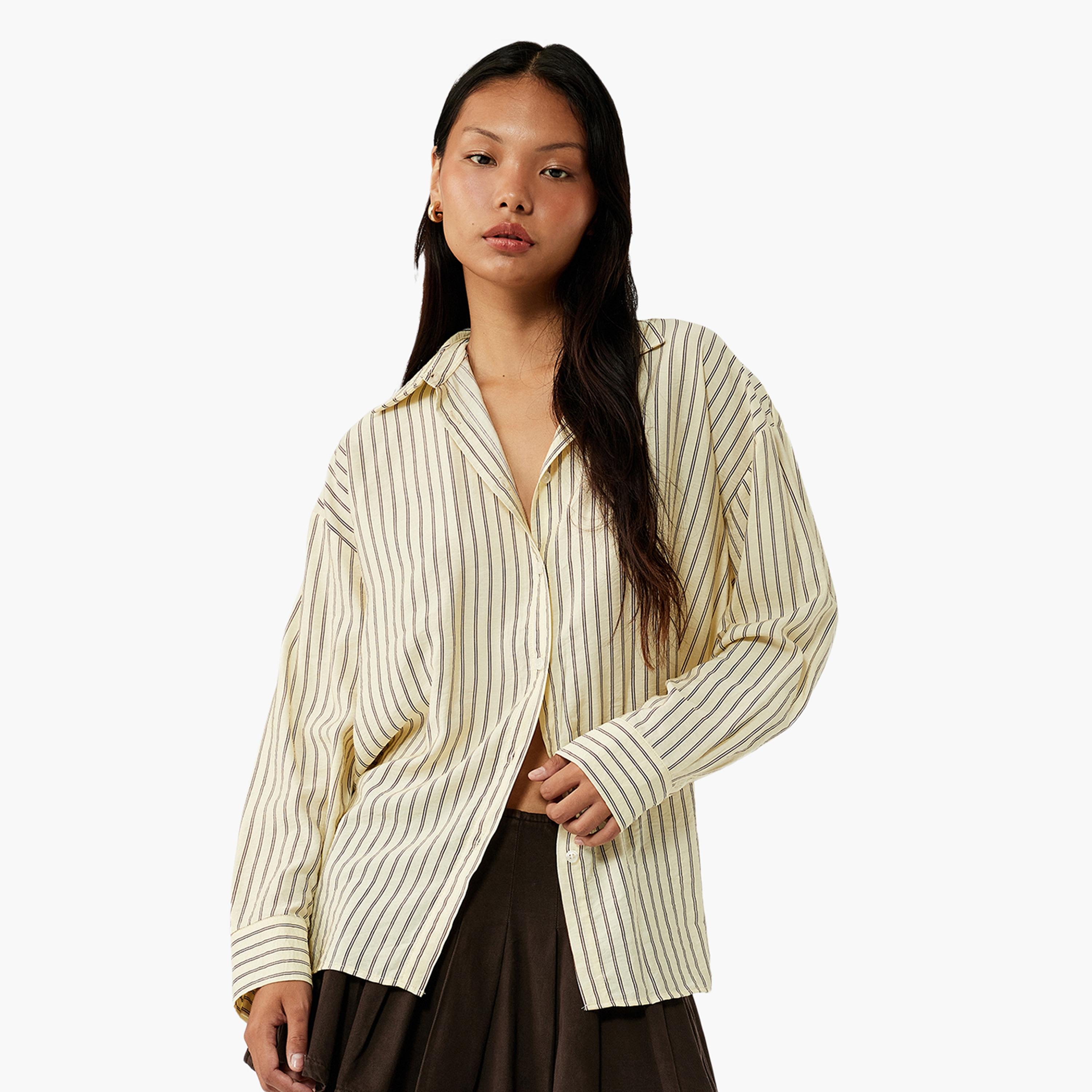 KOTON Yellow Striped Collared Women's Shirt-women-clothing-shirtsandblouses-shirts-image-1