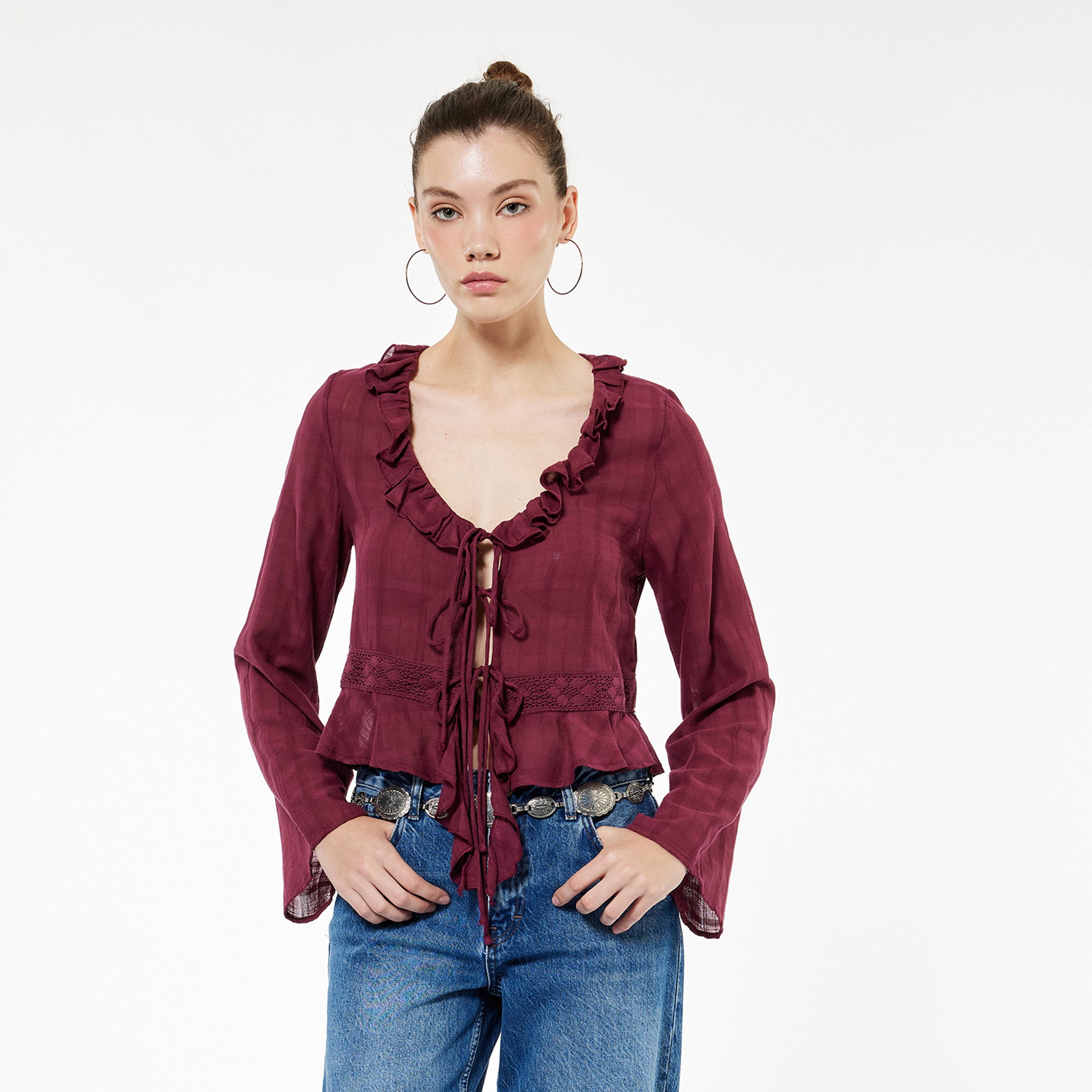 KOTON Burgundy Lace Detailed & Ruffled Cotton Flared Sleeves Women's Top-women-clothing-shirtsandblouses-blouses-image-1