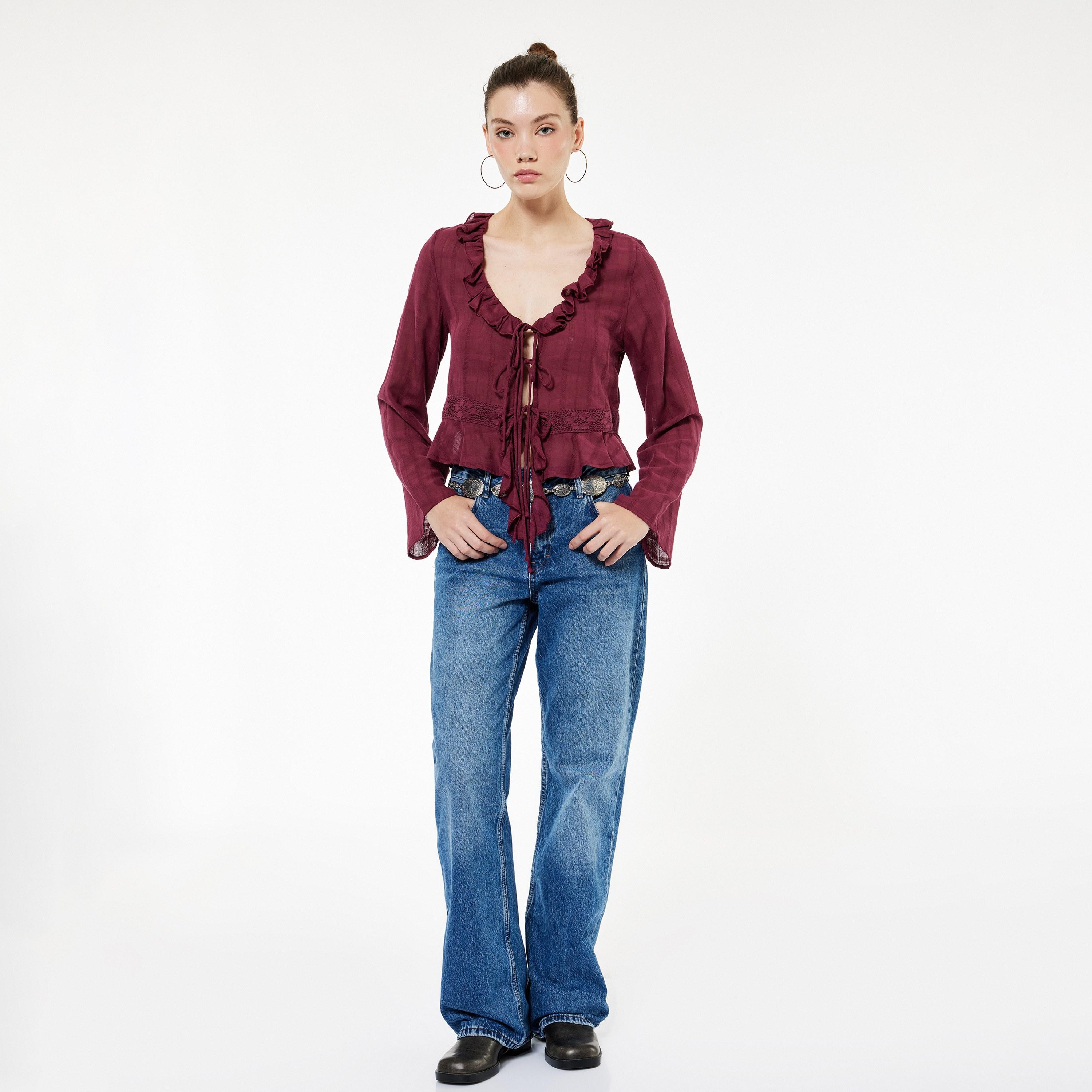 KOTON Burgundy Lace Detailed & Ruffled Cotton Flared Sleeves Women's Top-women-clothing-shirtsandblouses-blouses-image-2