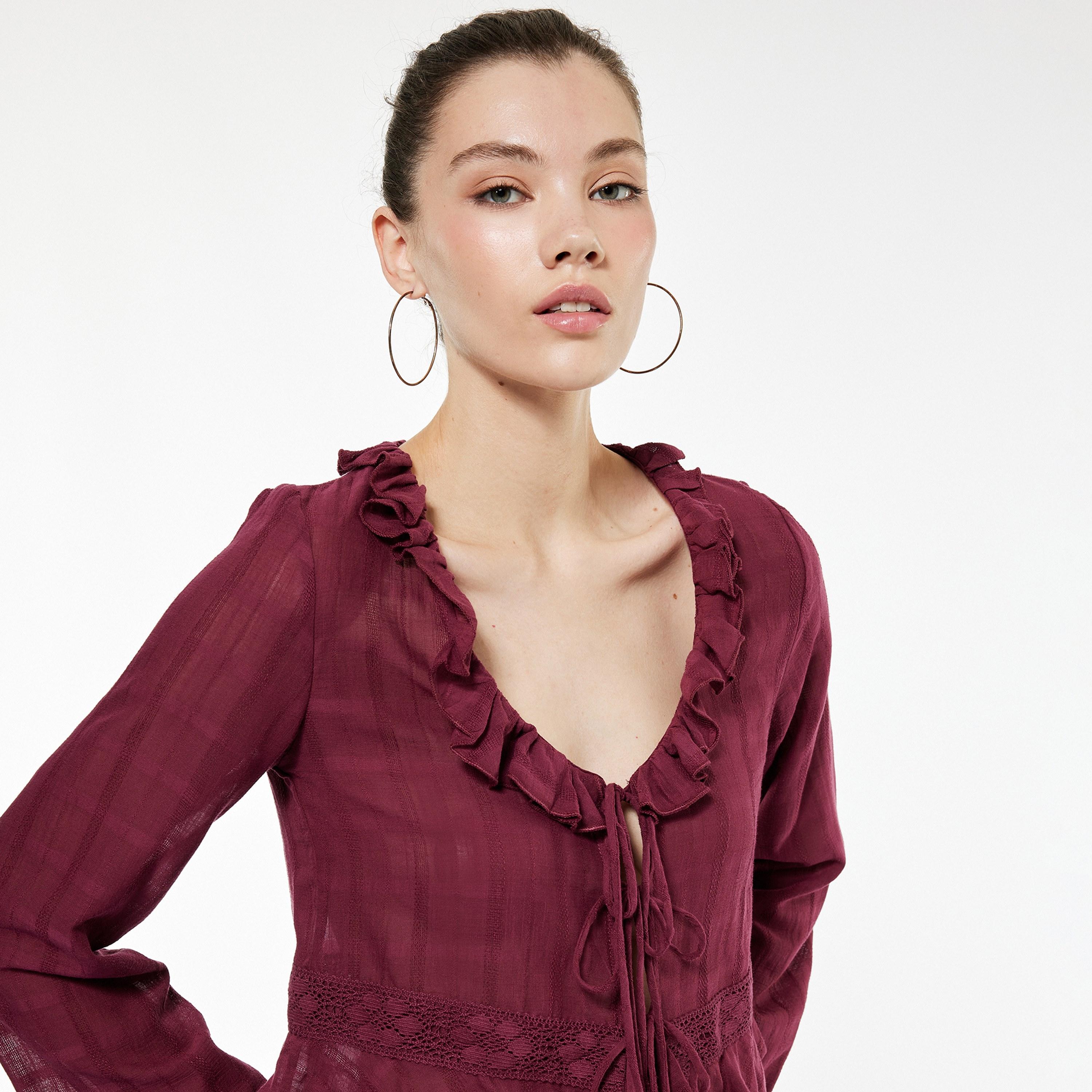 KOTON Burgundy Lace Detailed & Ruffled Cotton Flared Sleeves Women's Top-women-clothing-shirtsandblouses-blouses-image-3