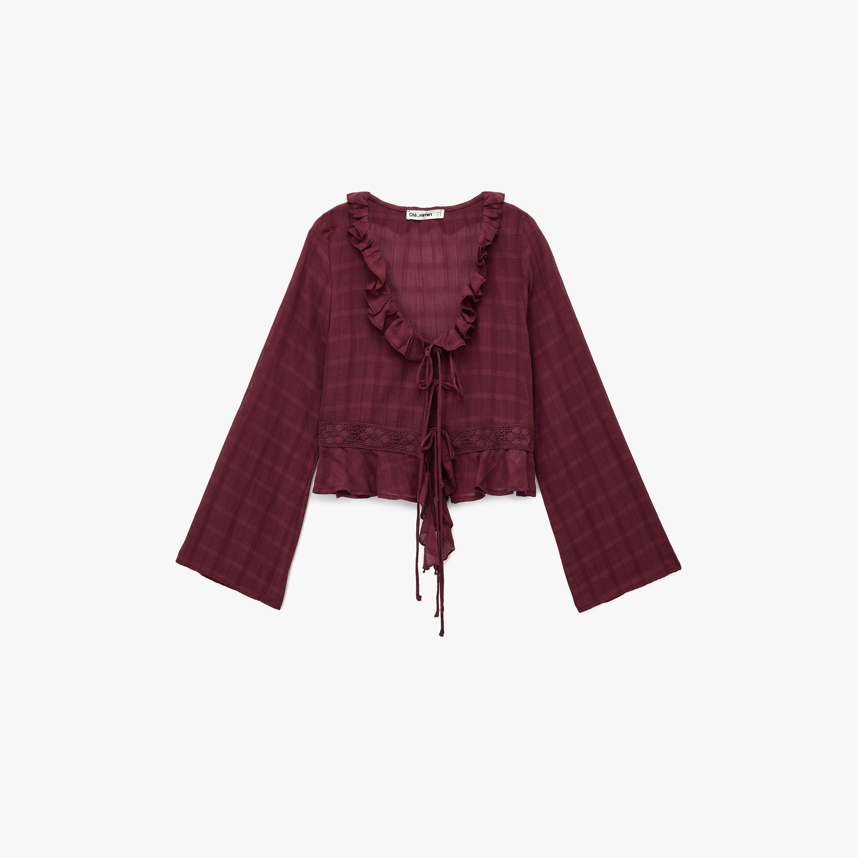 KOTON Burgundy Lace Detailed & Ruffled Cotton Flared Sleeves Women's Top-women-clothing-shirtsandblouses-blouses-image-4