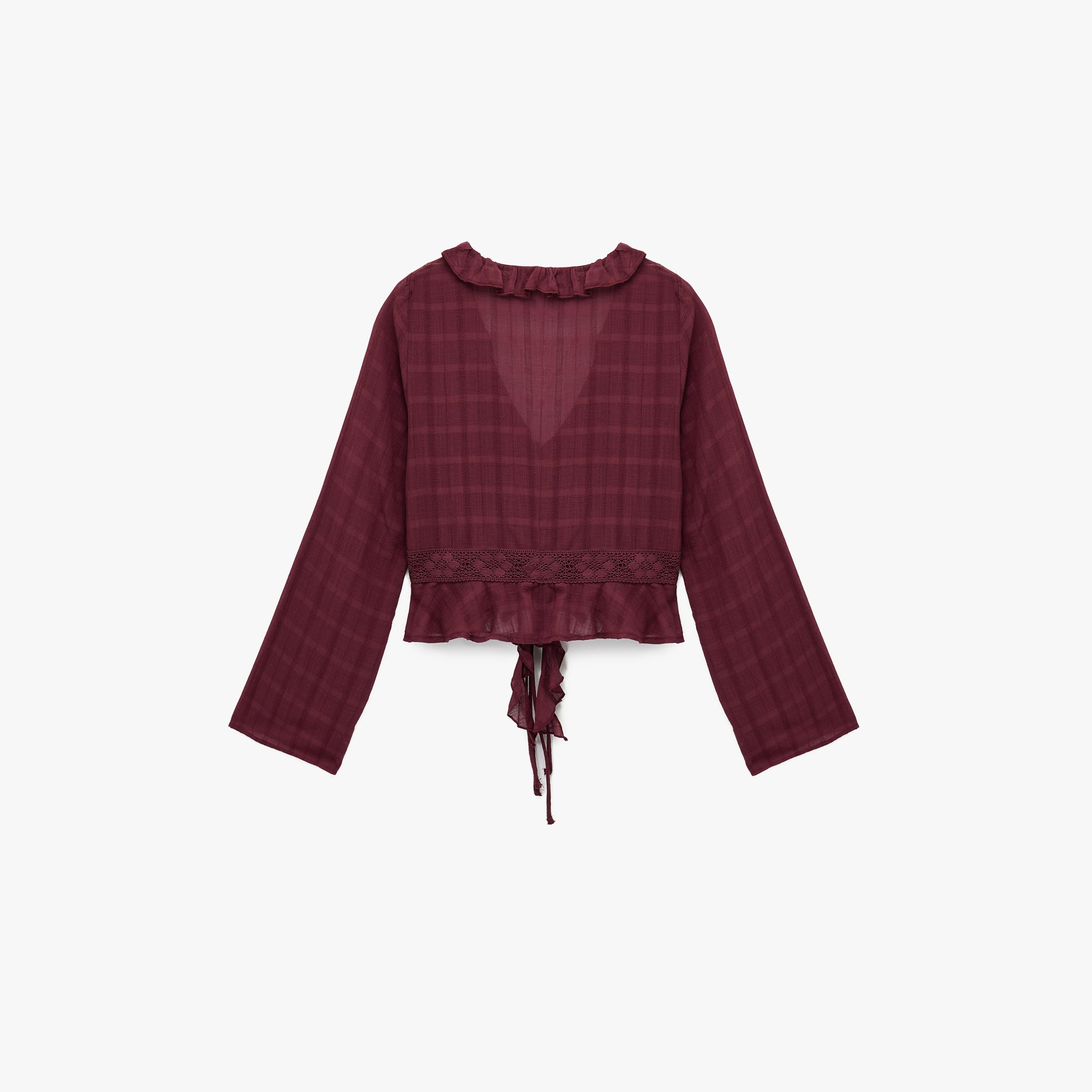 KOTON Burgundy Lace Detailed & Ruffled Cotton Flared Sleeves Women's Top-women-clothing-shirtsandblouses-blouses-image-5