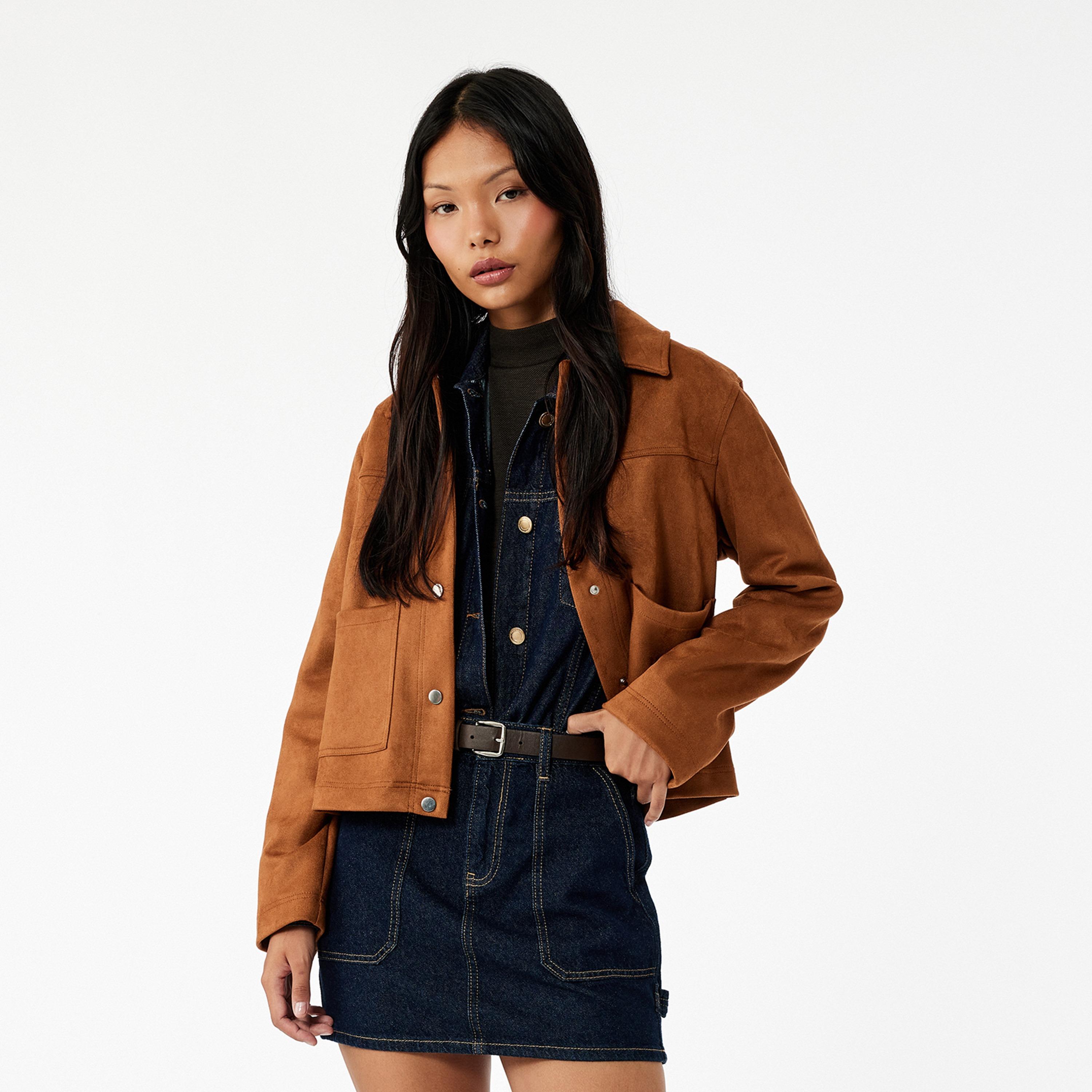 KOTON Brown Suede Spread Collar Women's Shacket-women-clothing-shirtsandblouses-shirts-image-1