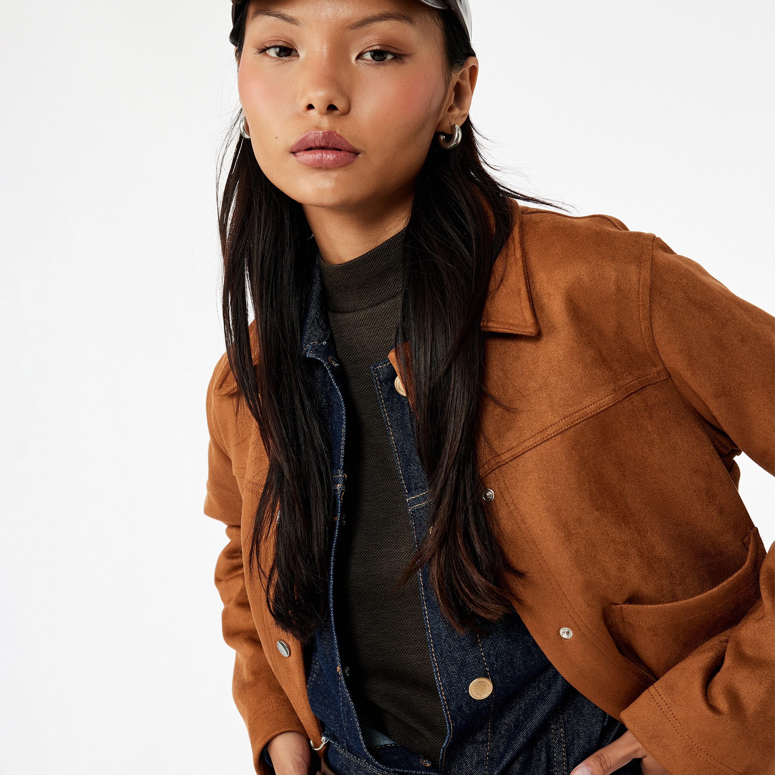 KOTON Brown Suede Spread Collar Women's Shacket-women-clothing-shirtsandblouses-shirts-image-3