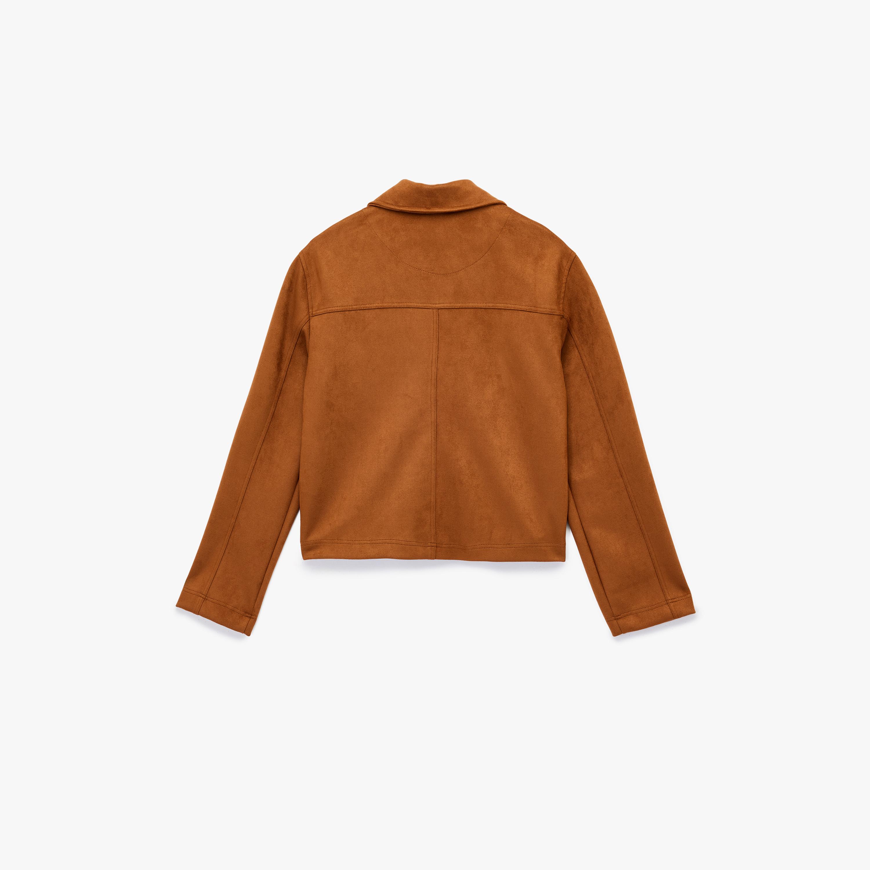 جاكيت قميص نسائي من الجلد السويدي بلون بني وياقة مفرودة من كوتون-women-clothing-shirtsandblouses-shirts-image-4