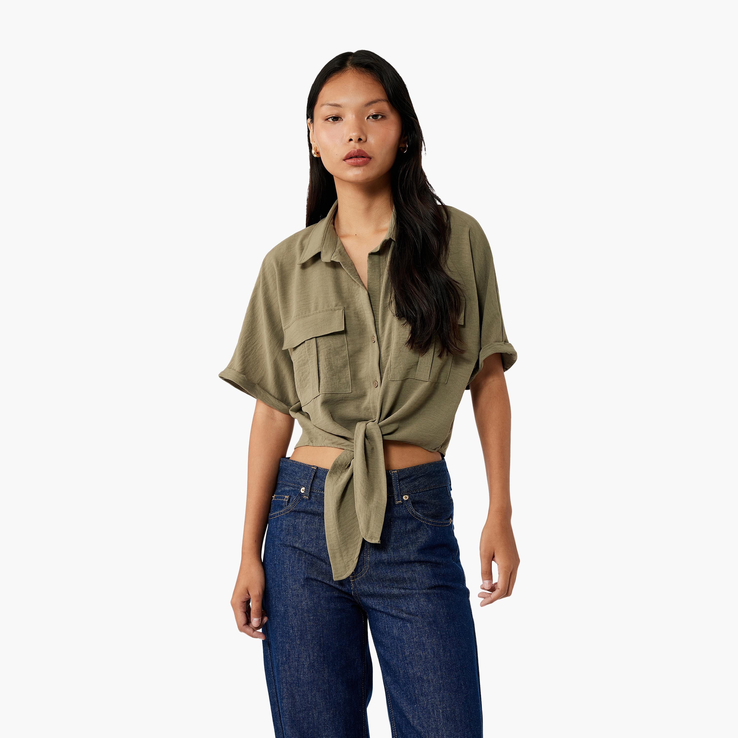 KOTON Green Textured Collared Women's Shirt-women-clothing-shirtsandblouses-shirts-image-1