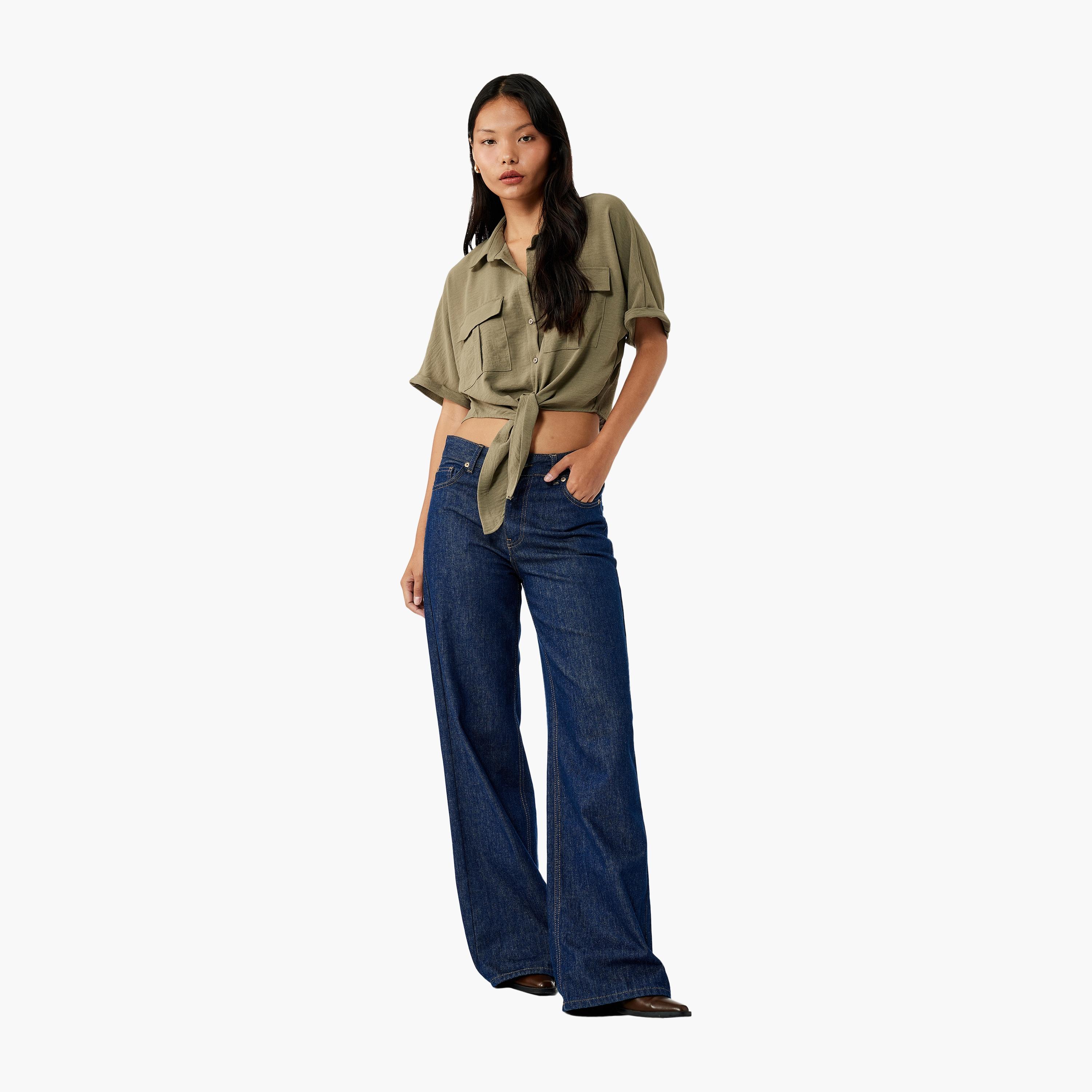KOTON Green Textured Collared Women's Shirt-women-clothing-shirtsandblouses-shirts-image-2