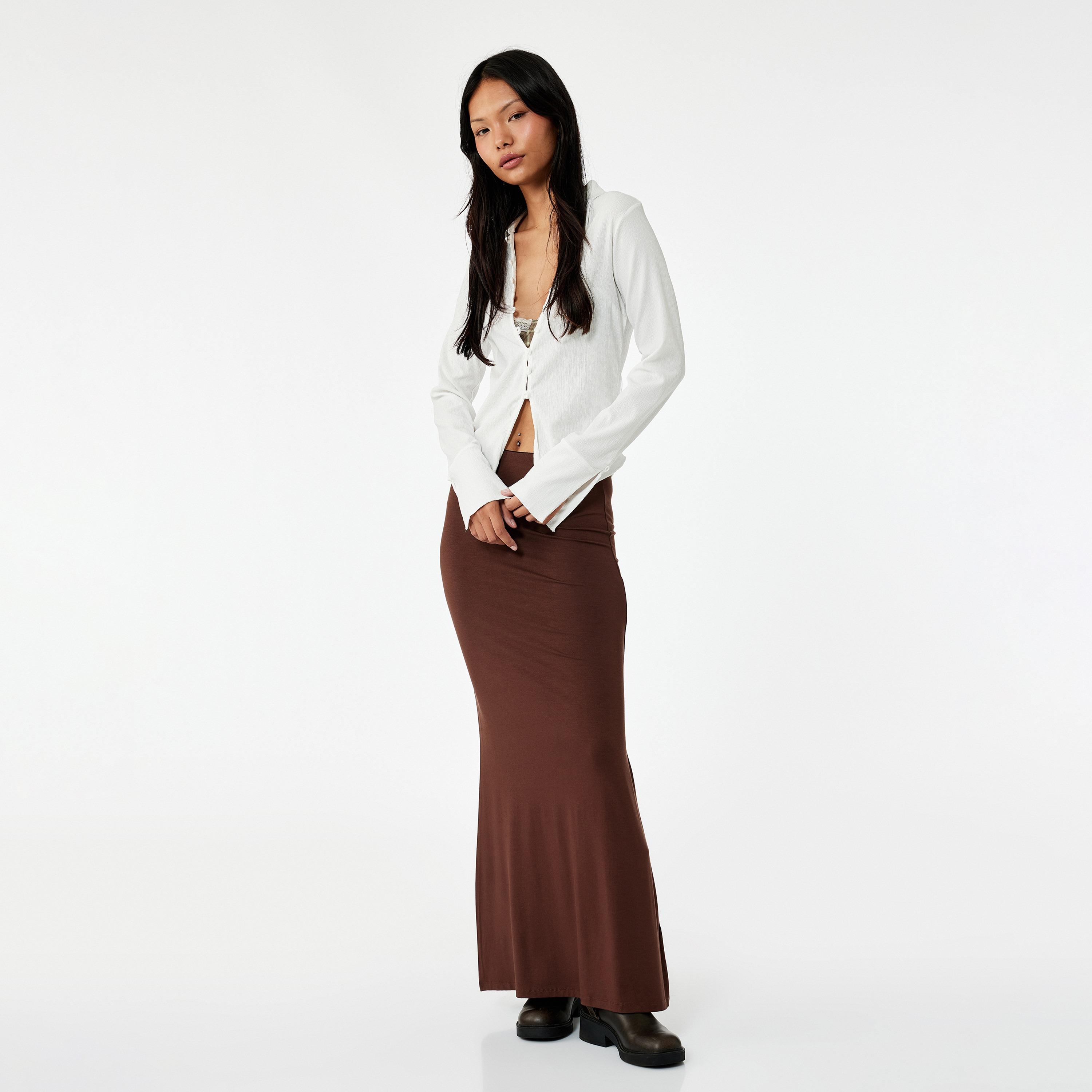 تنورة نسائية بقصة ايه-لاين بلون بني من كوتون-women-clothing-bottoms-skirts-image-2