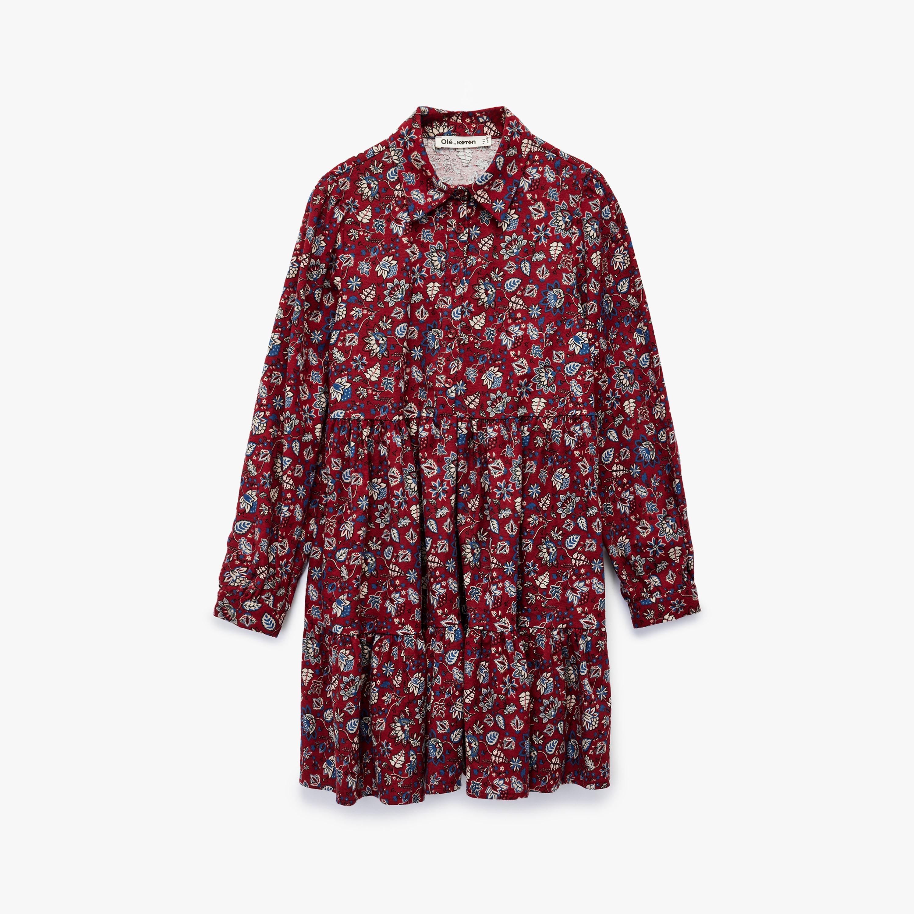 KOTON Burgundy Floral Print Collared Women's Mini Shirt Dress-women-clothing-dresses-image-1