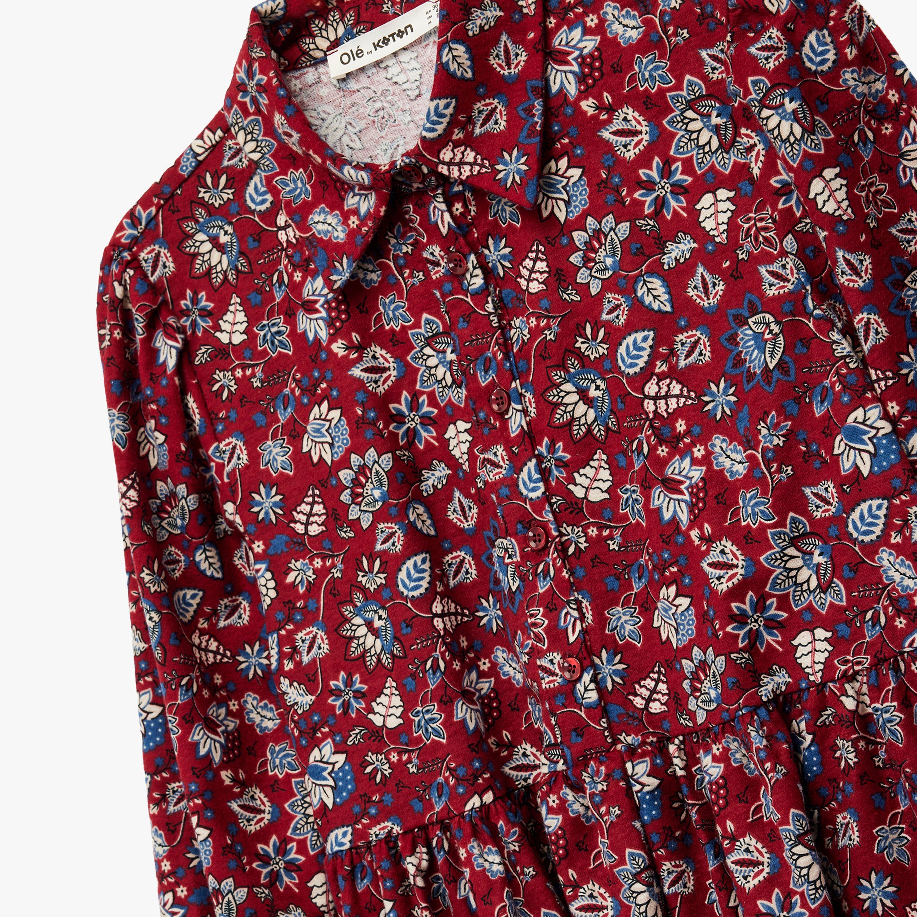 KOTON Burgundy Floral Print Collared Women's Mini Shirt Dress-women-clothing-dresses-image-3