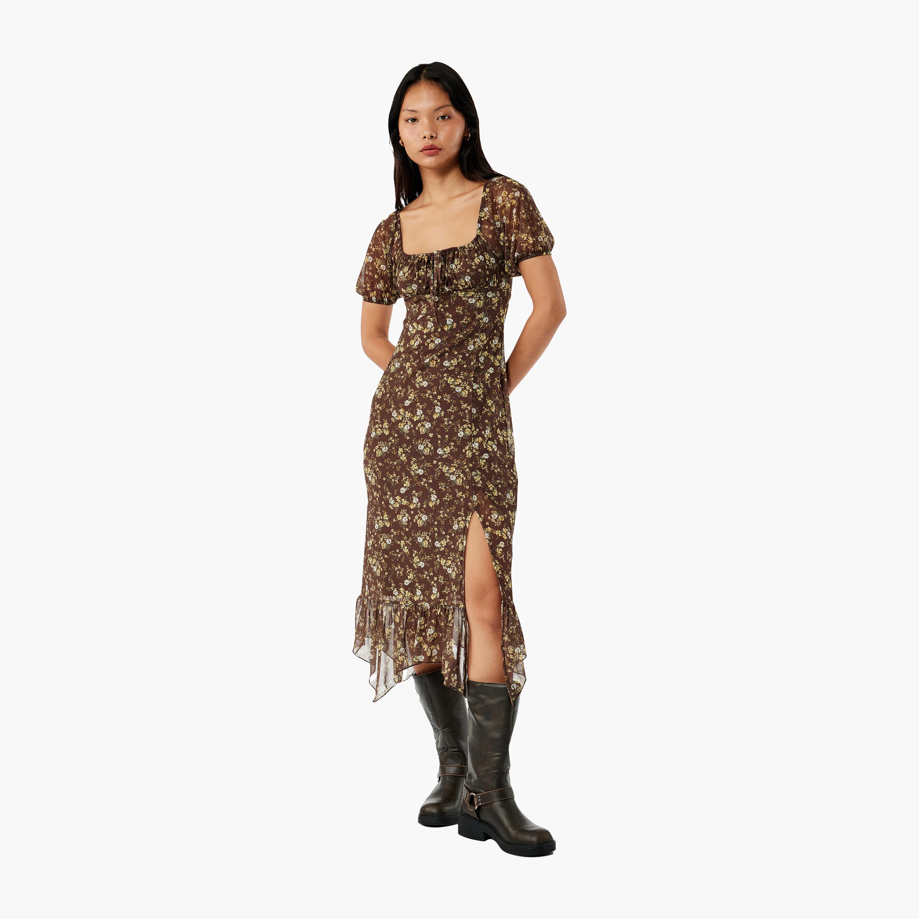 فستان نسائي متوسط الطول بفتحة رقبة مربعة وطبعة زهور باللون البني من كوتون-women-clothing-dresses-image-1