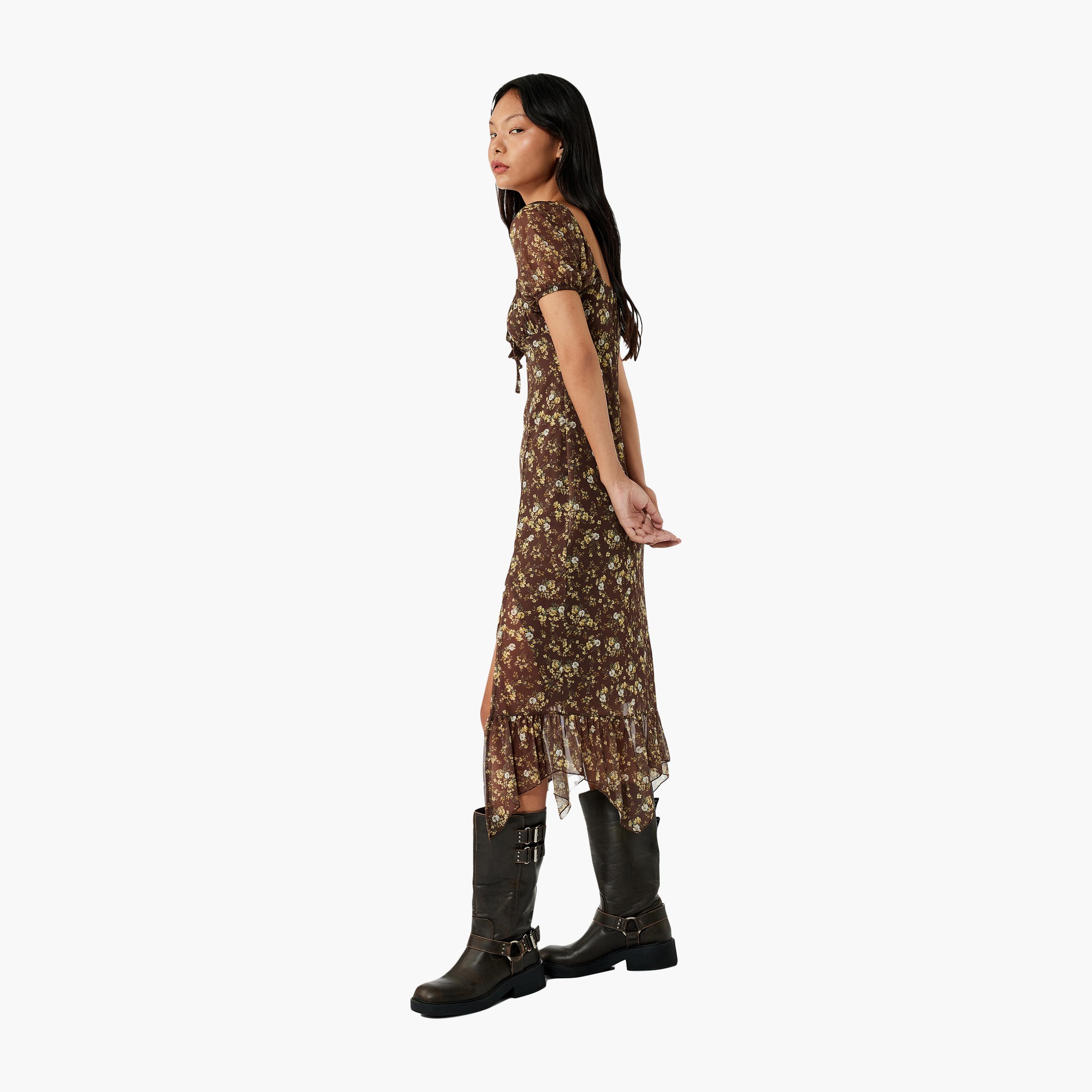 فستان نسائي متوسط الطول بفتحة رقبة مربعة وطبعة زهور باللون البني من كوتون-women-clothing-dresses-image-2