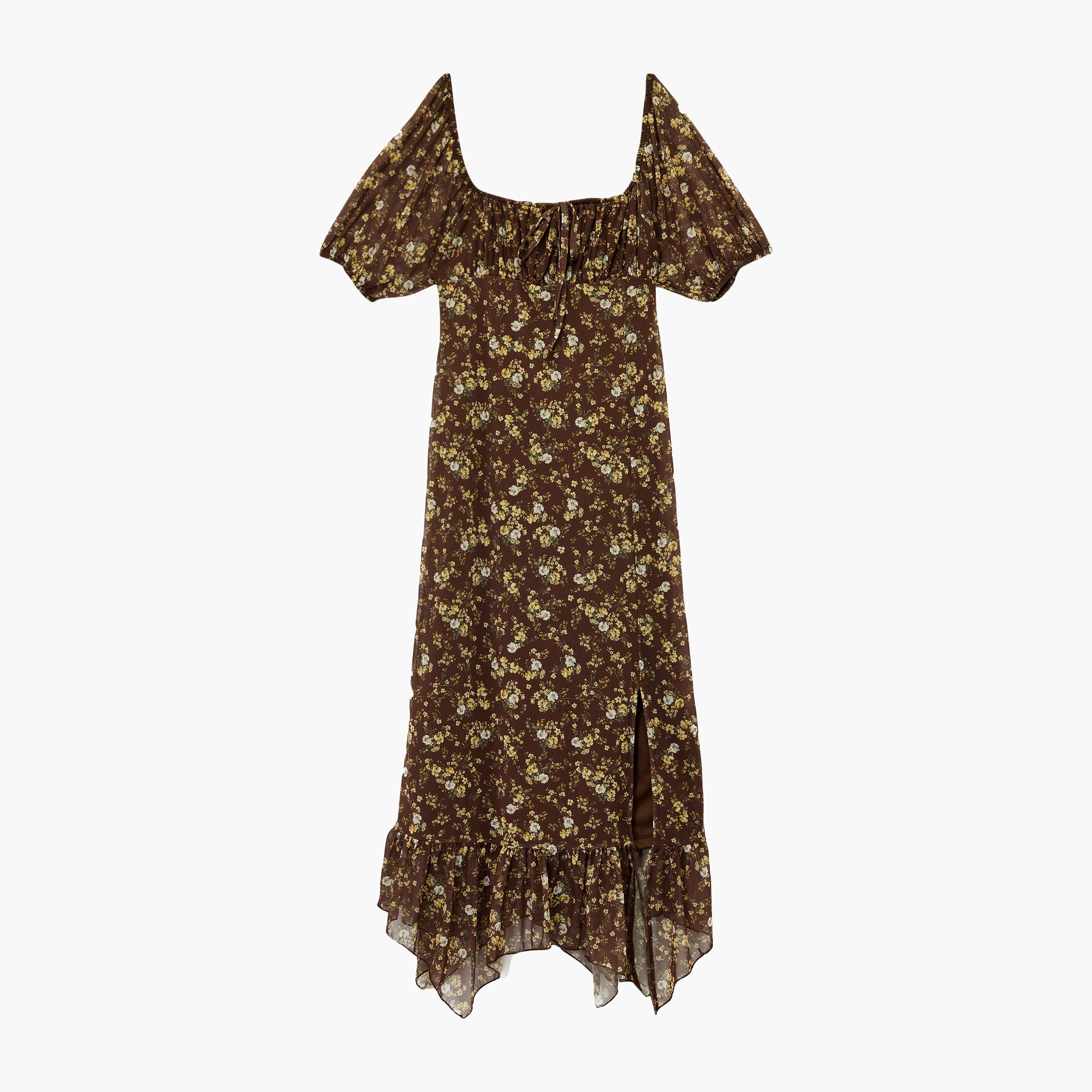 فستان نسائي متوسط الطول بفتحة رقبة مربعة وطبعة زهور باللون البني من كوتون-women-clothing-dresses-image-3