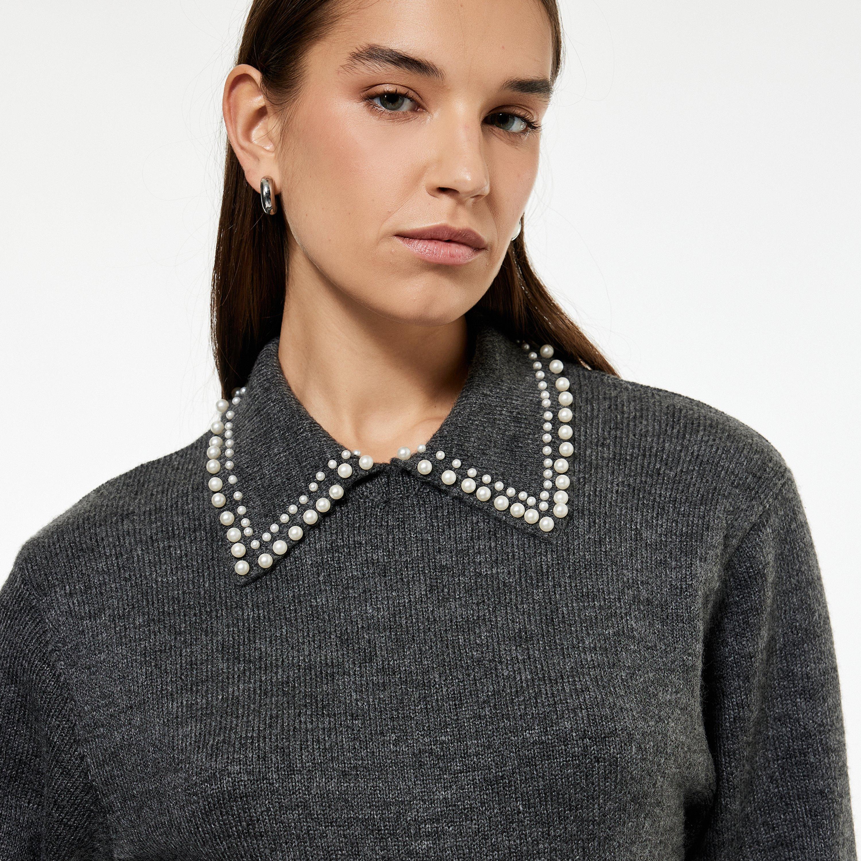 KOTON Charcoal Heathered Embellished Collared Women's Sweatshirt-women-clothing-hoodiesandsweatshirts-sweatshirts-image-3