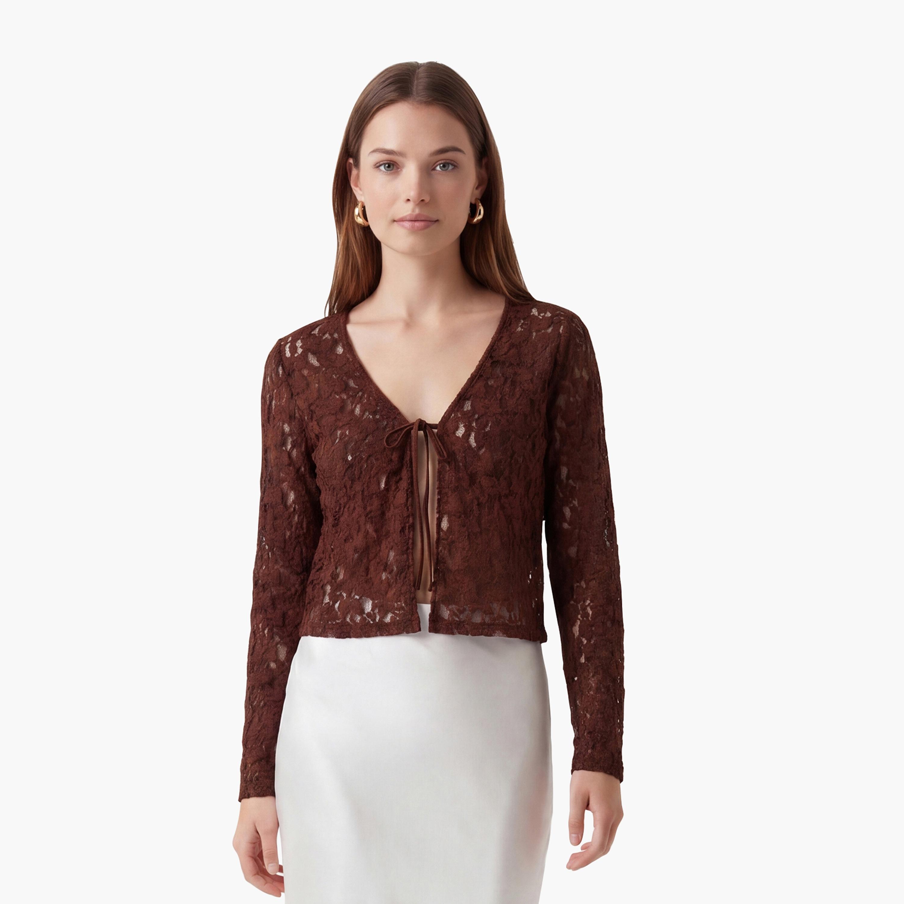توب نسائي من الدانتيل بالكامل بلون بني من كوتون-women-clothing-shirtsandblouses-blouses-image-1