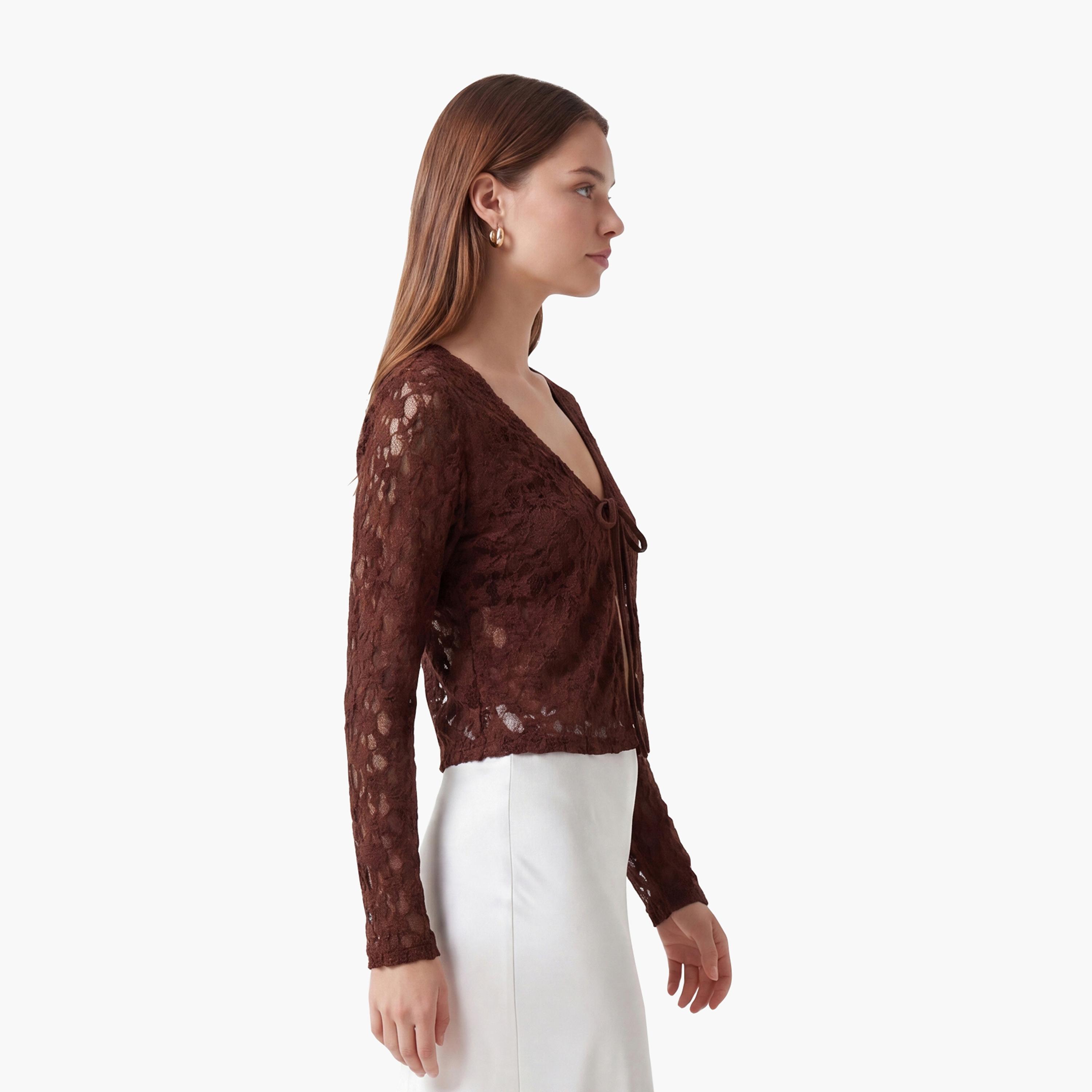 توب نسائي من الدانتيل بالكامل بلون بني من كوتون-women-clothing-shirtsandblouses-blouses-image-3
