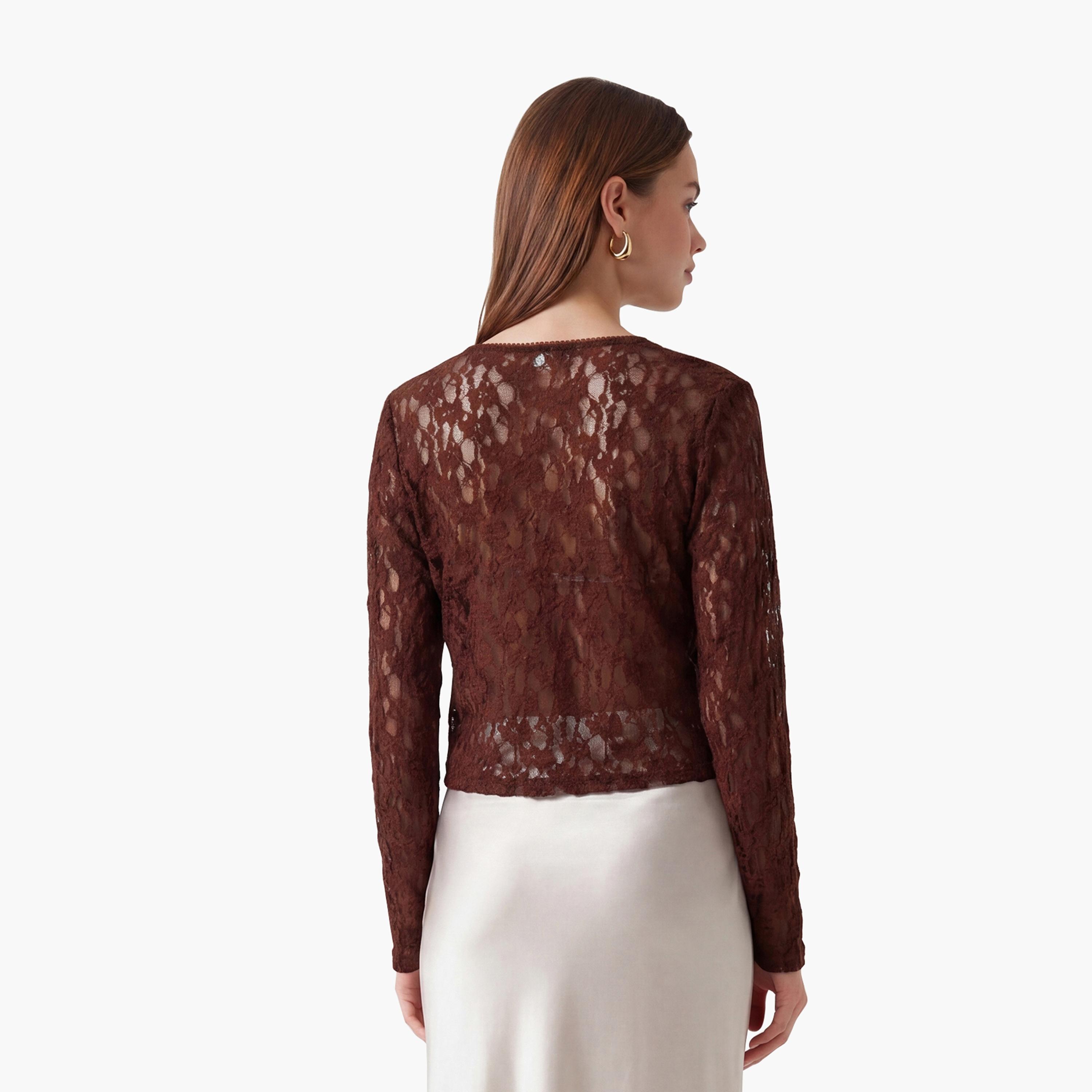 توب نسائي من الدانتيل بالكامل بلون بني من كوتون-women-clothing-shirtsandblouses-blouses-image-4