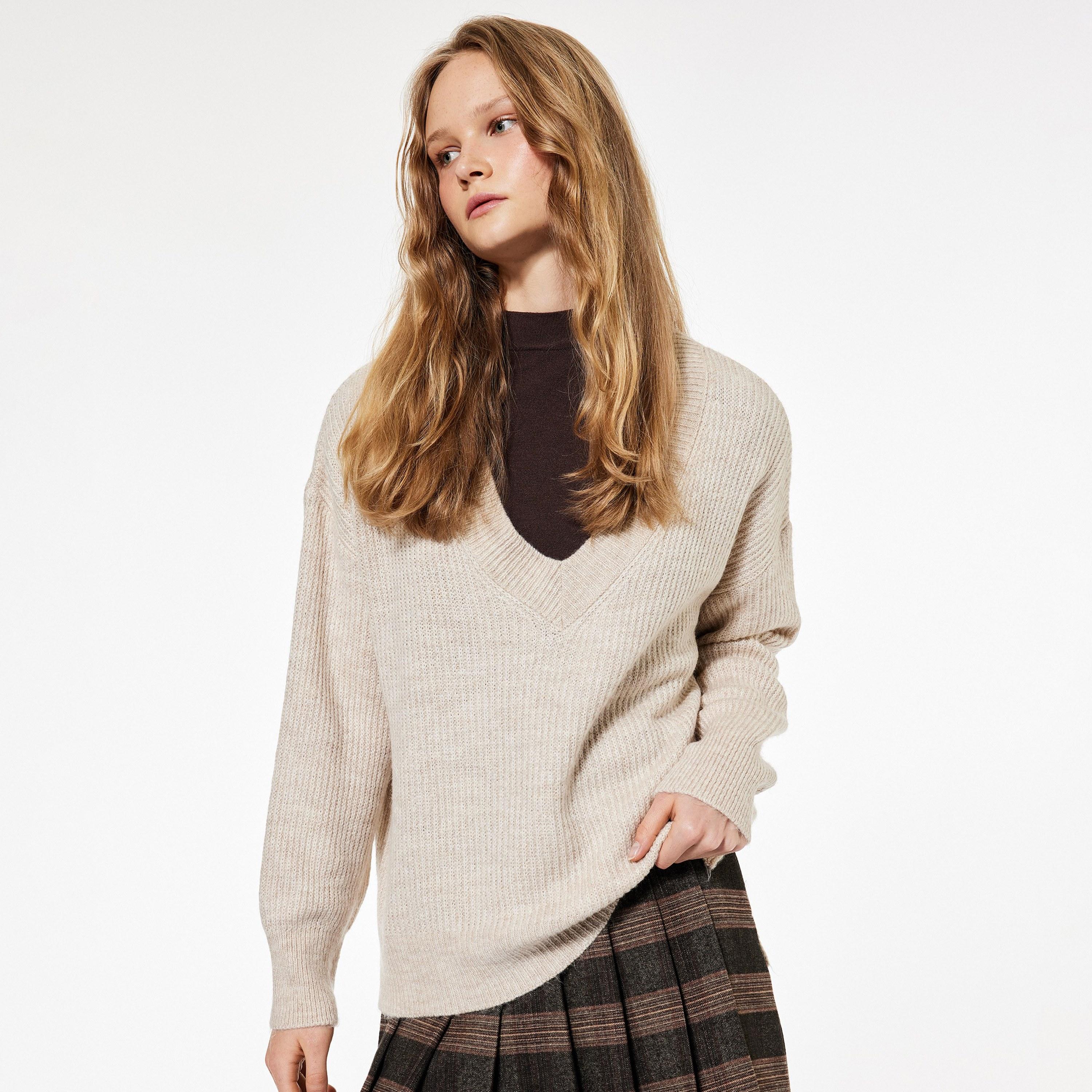 KOTON Beige Textured Dropped Sleeves Women's Sweater-women-clothing-cardigansandjumpers-jumpers-image-1