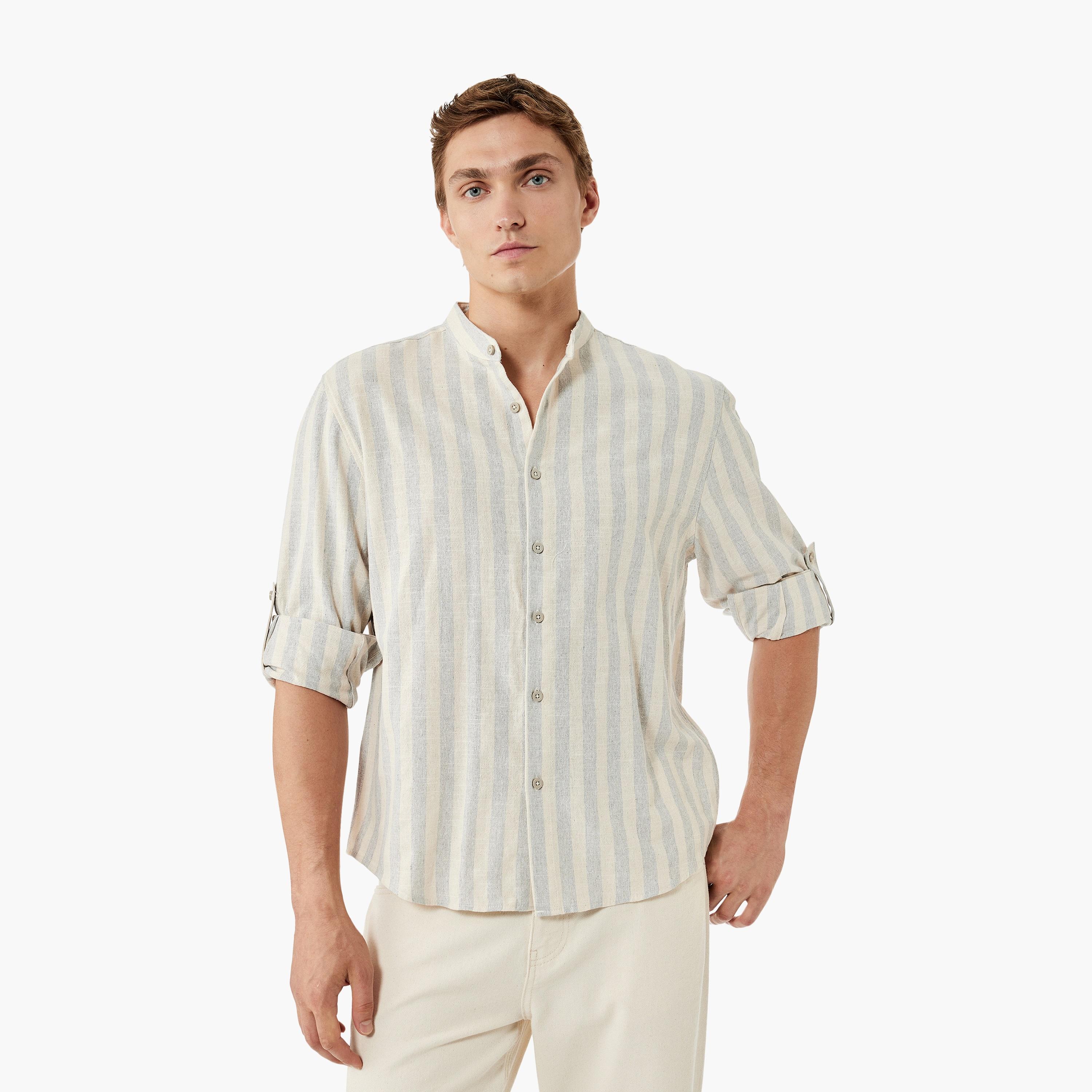 KOTON Regular Fit Striped Band Collar Roll-Up Sleeves Men's Shirt-men-clothing-shirts-image-1