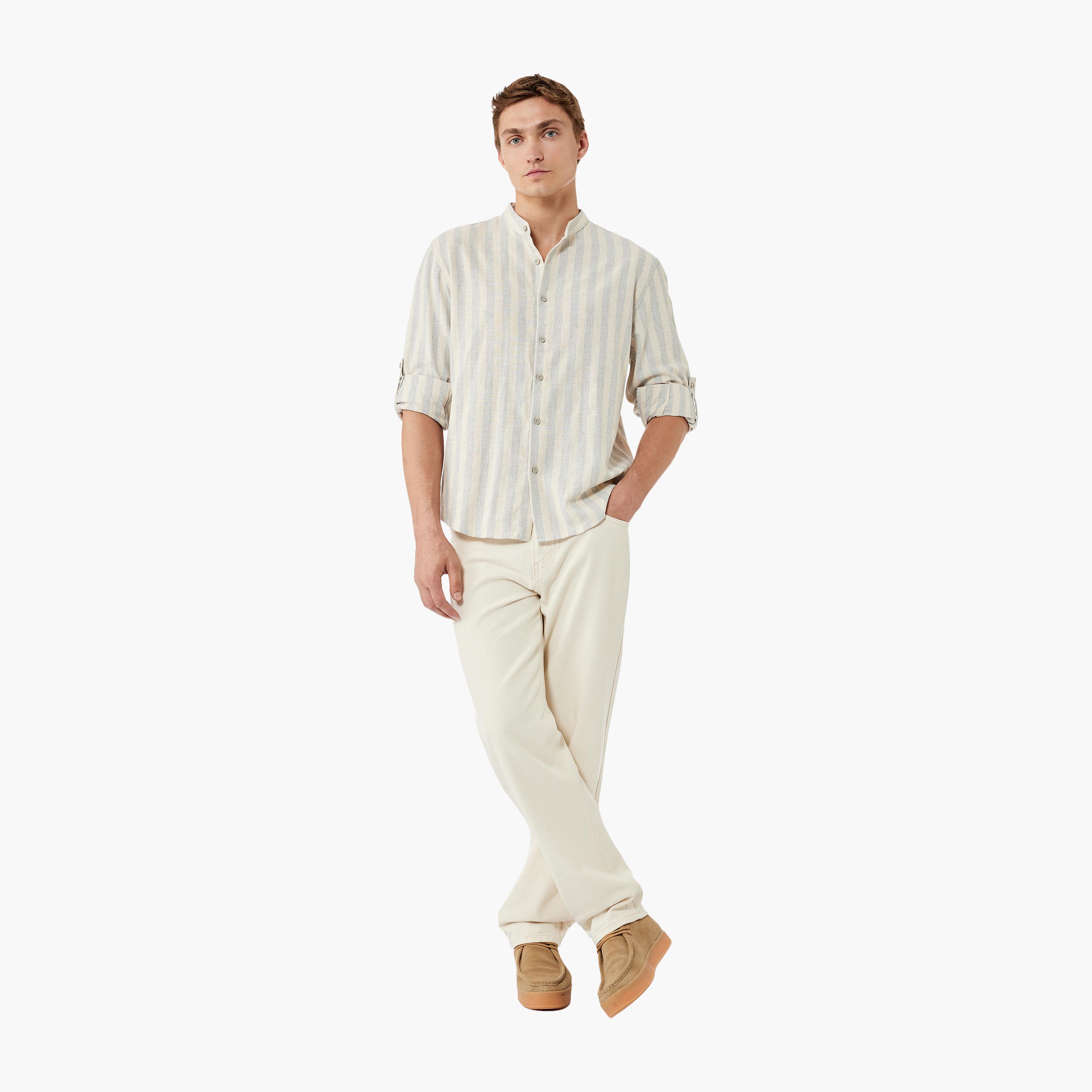 KOTON Regular Fit Striped Band Collar Roll-Up Sleeves Men's Shirt-men-clothing-shirts-image-2