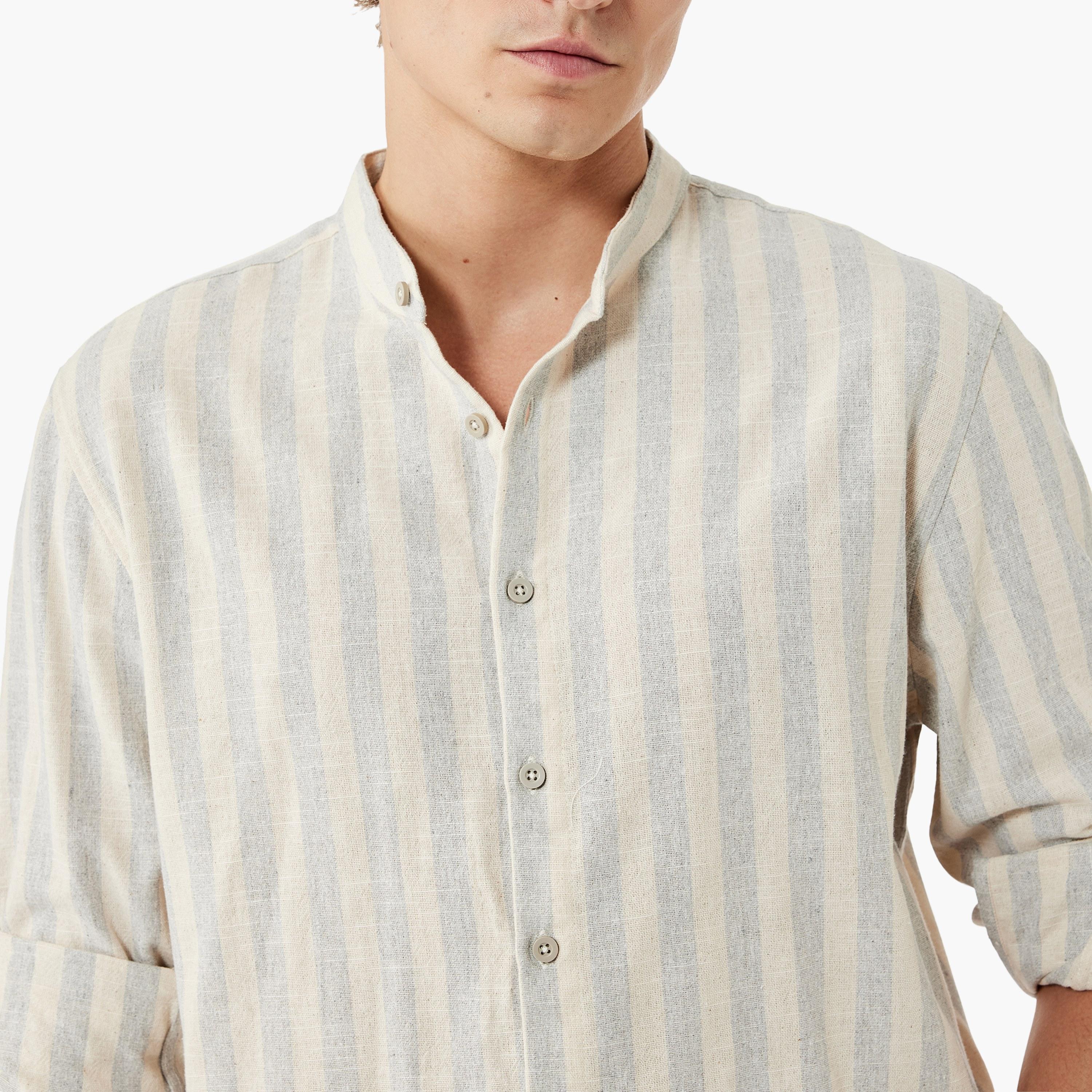 KOTON Regular Fit Striped Band Collar Roll-Up Sleeves Men's Shirt-men-clothing-shirts-image-3
