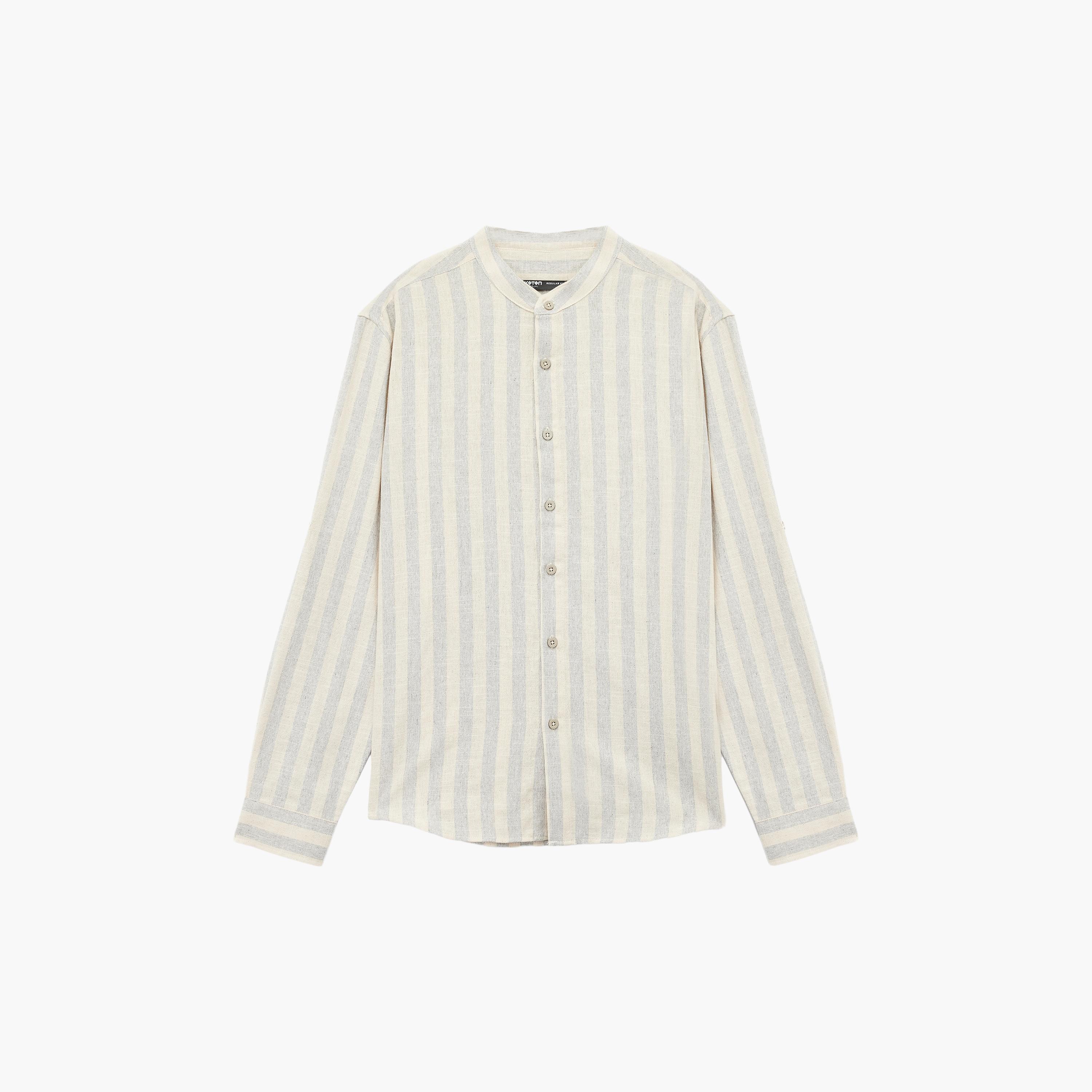 KOTON Regular Fit Striped Band Collar Roll-Up Sleeves Men's Shirt-men-clothing-shirts-image-4