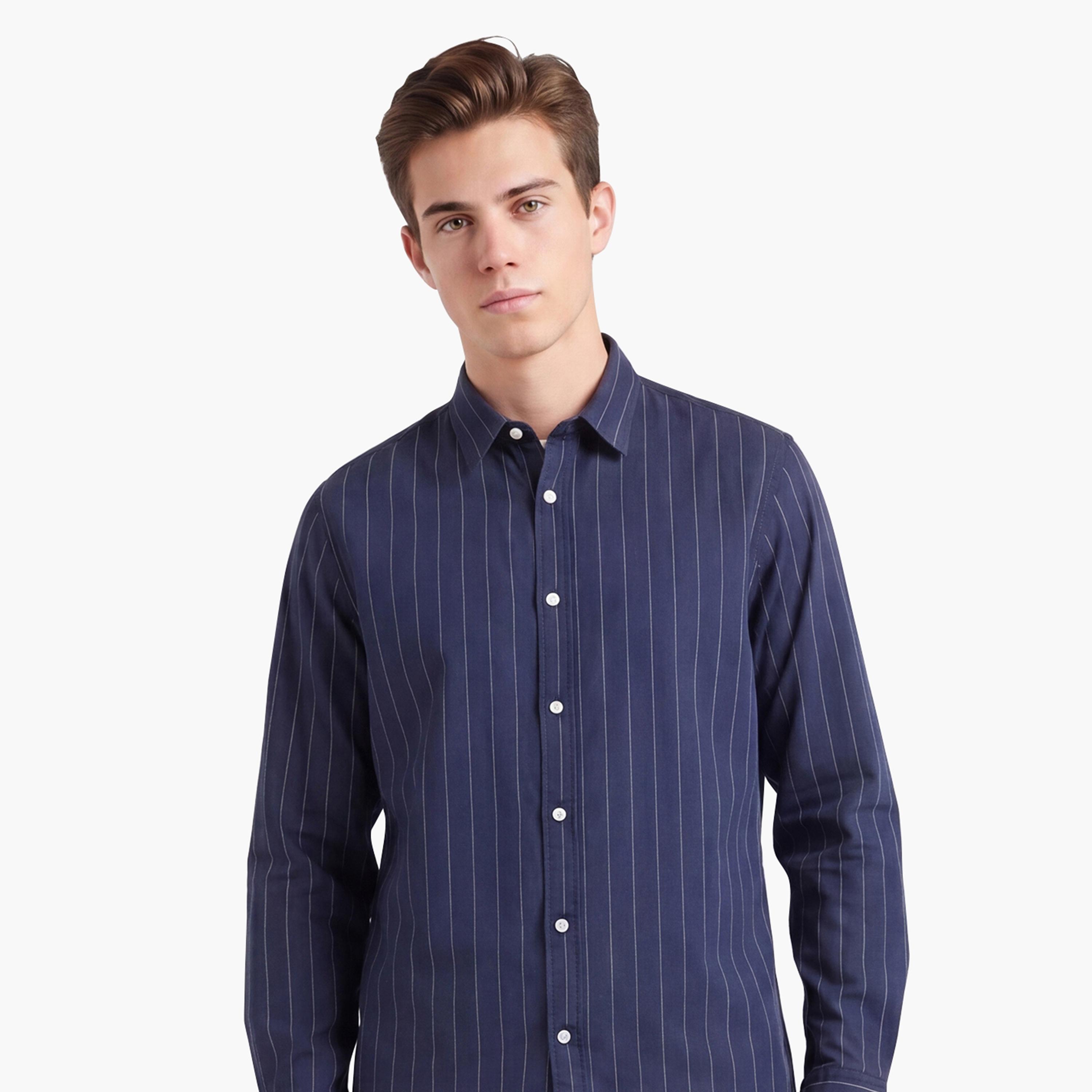 قميص رجالي مخطط بقصة عادية وياقة مفرودة وأكمام طويلة من كوتون-men-clothing-shirts-image-5