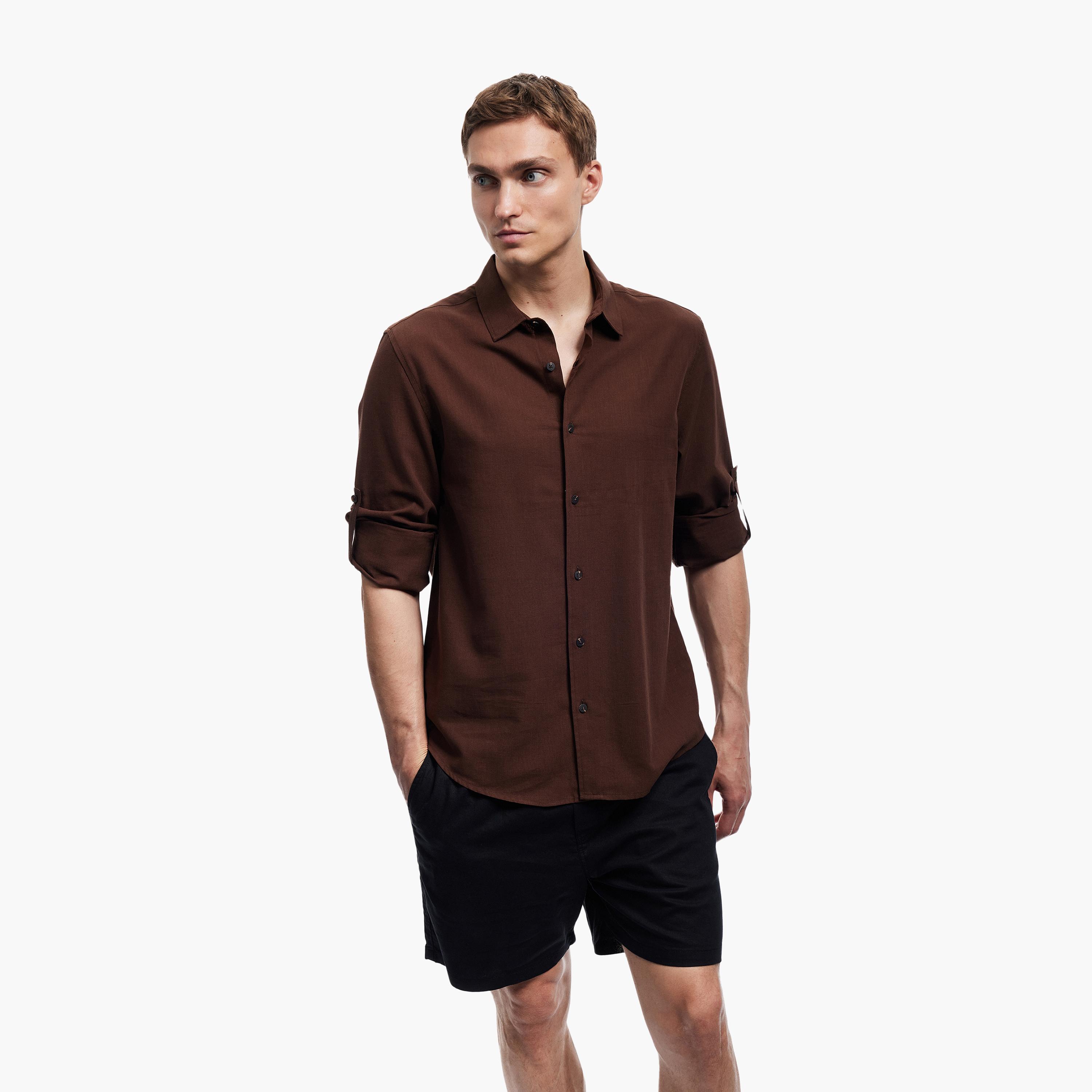 KOTON Regular Fit Plain Collared Roll-Up Sleeves Men's Shirt-men-clothing-shirts-image-1