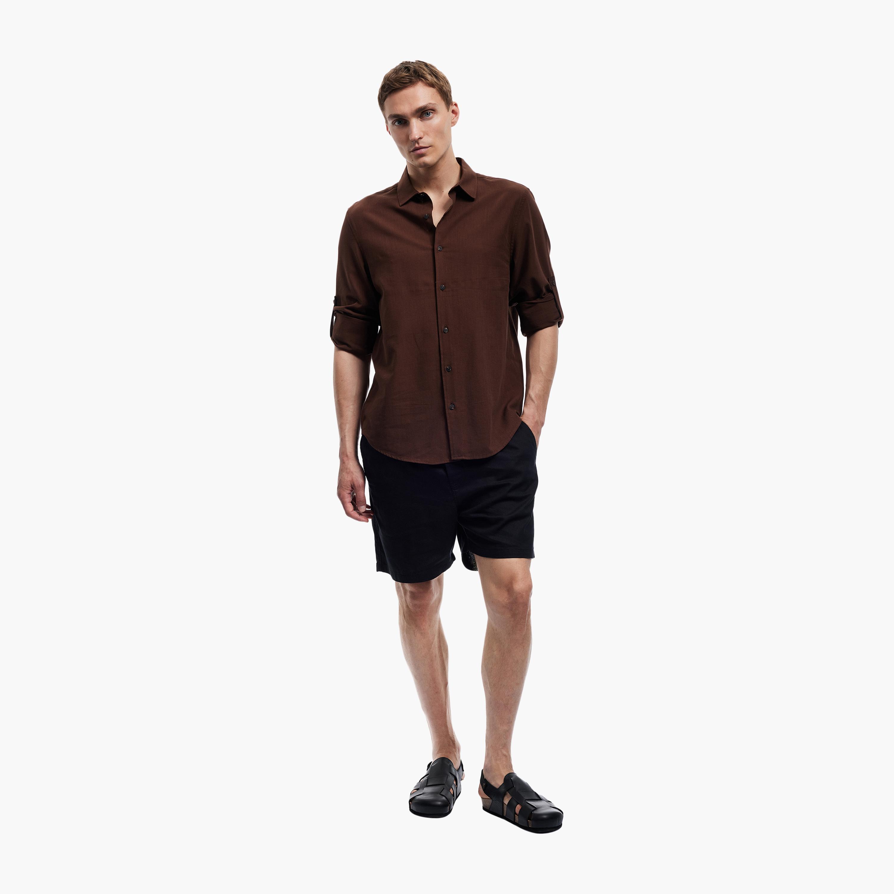 KOTON Regular Fit Plain Collared Roll-Up Sleeves Men's Shirt-men-clothing-shirts-image-2