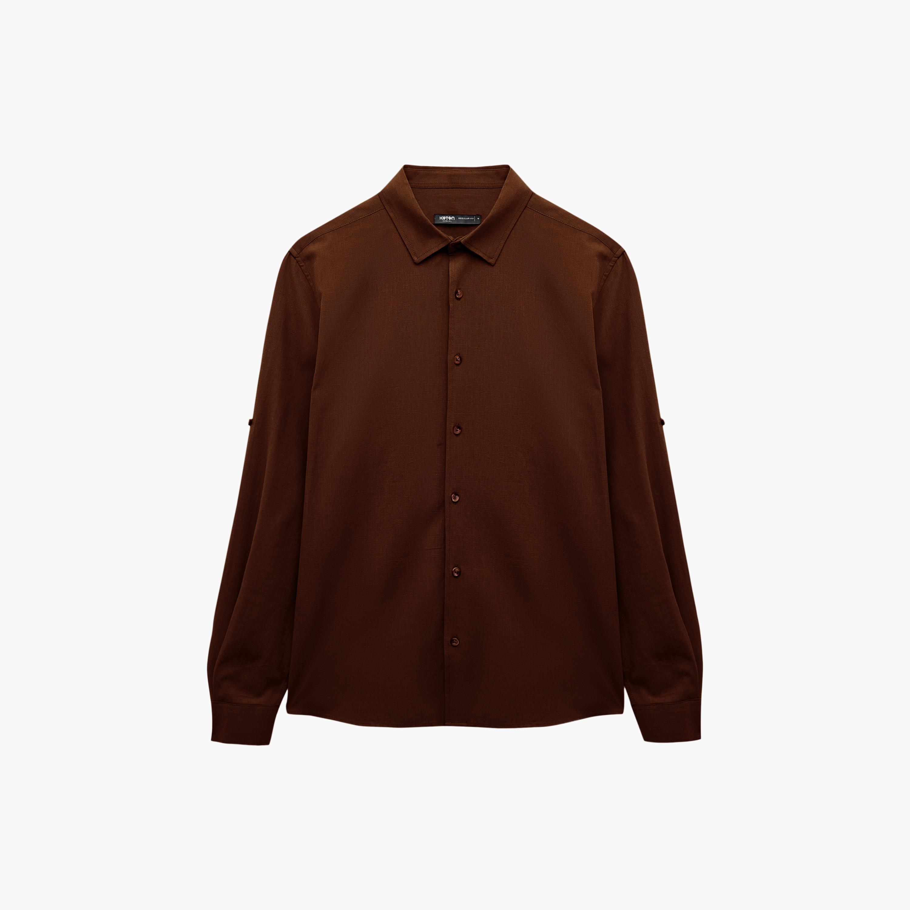 KOTON Regular Fit Plain Collared Roll-Up Sleeves Men's Shirt-men-clothing-shirts-image-3