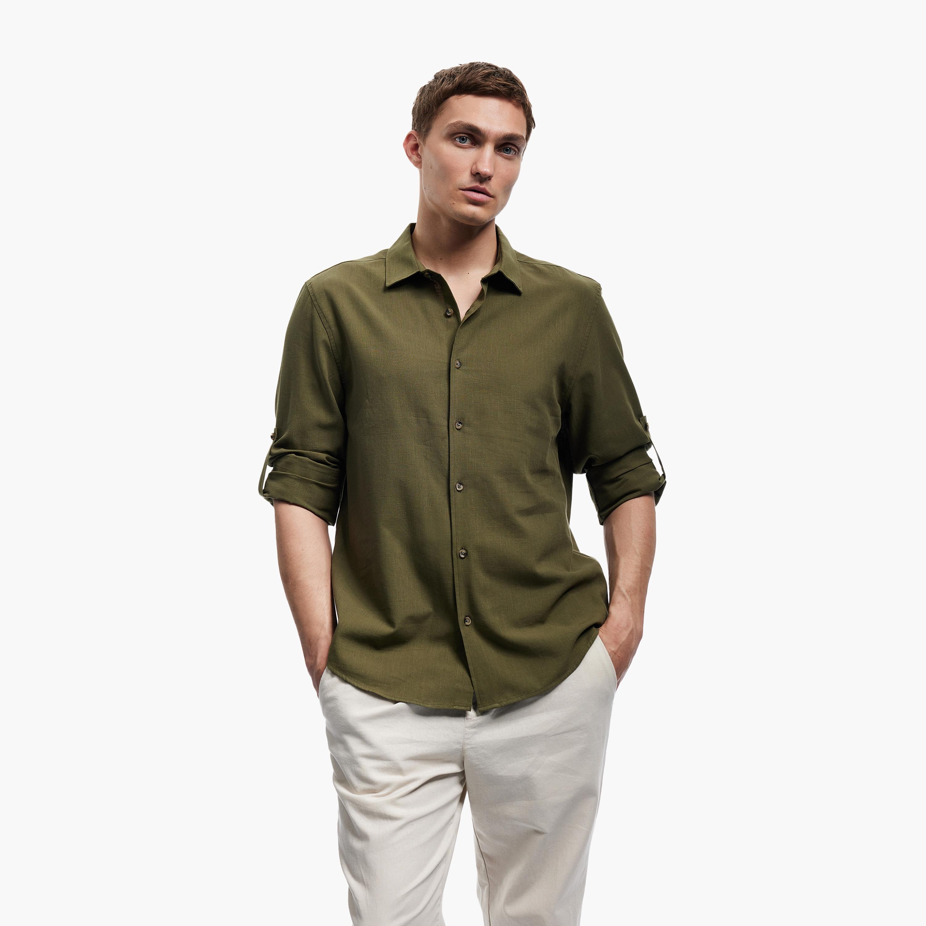 KOTON Regular Fit Plain Collared Roll-Up Sleeves Men's Shirt-men-clothing-shirts-image-1