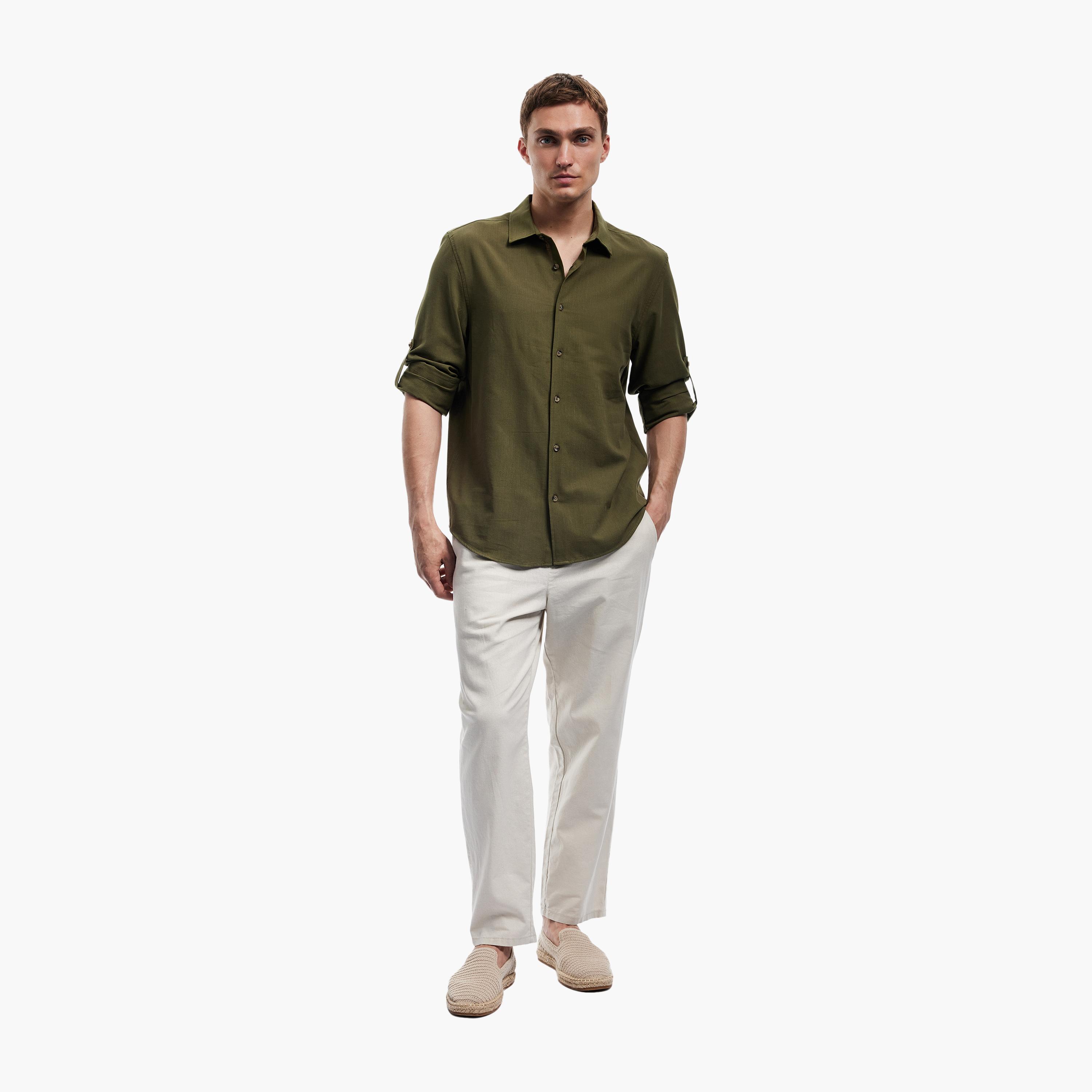 KOTON Regular Fit Plain Collared Roll-Up Sleeves Men's Shirt-men-clothing-shirts-image-2