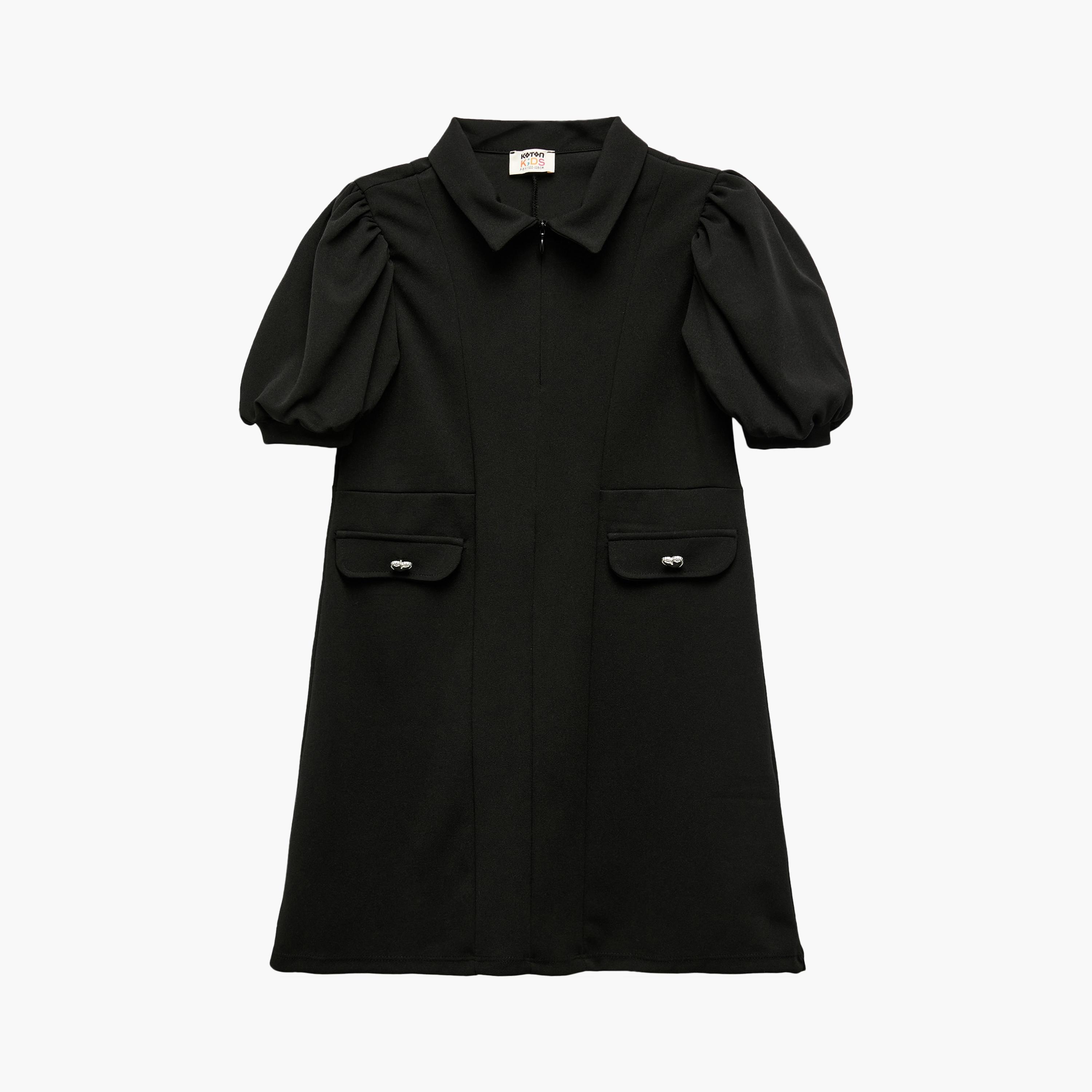 فستان سادة بأكمام قصيرة ورقبة قميص من كوتون-girls-clothing-dressesandjumpsuits-image-1