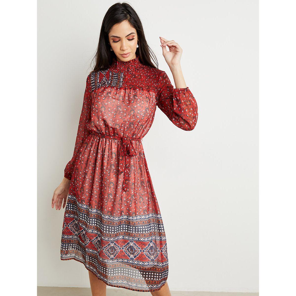 Styli Shirred High Neck Boho Printed A-Line Midi Dress-women-clothing-dresses-image-1