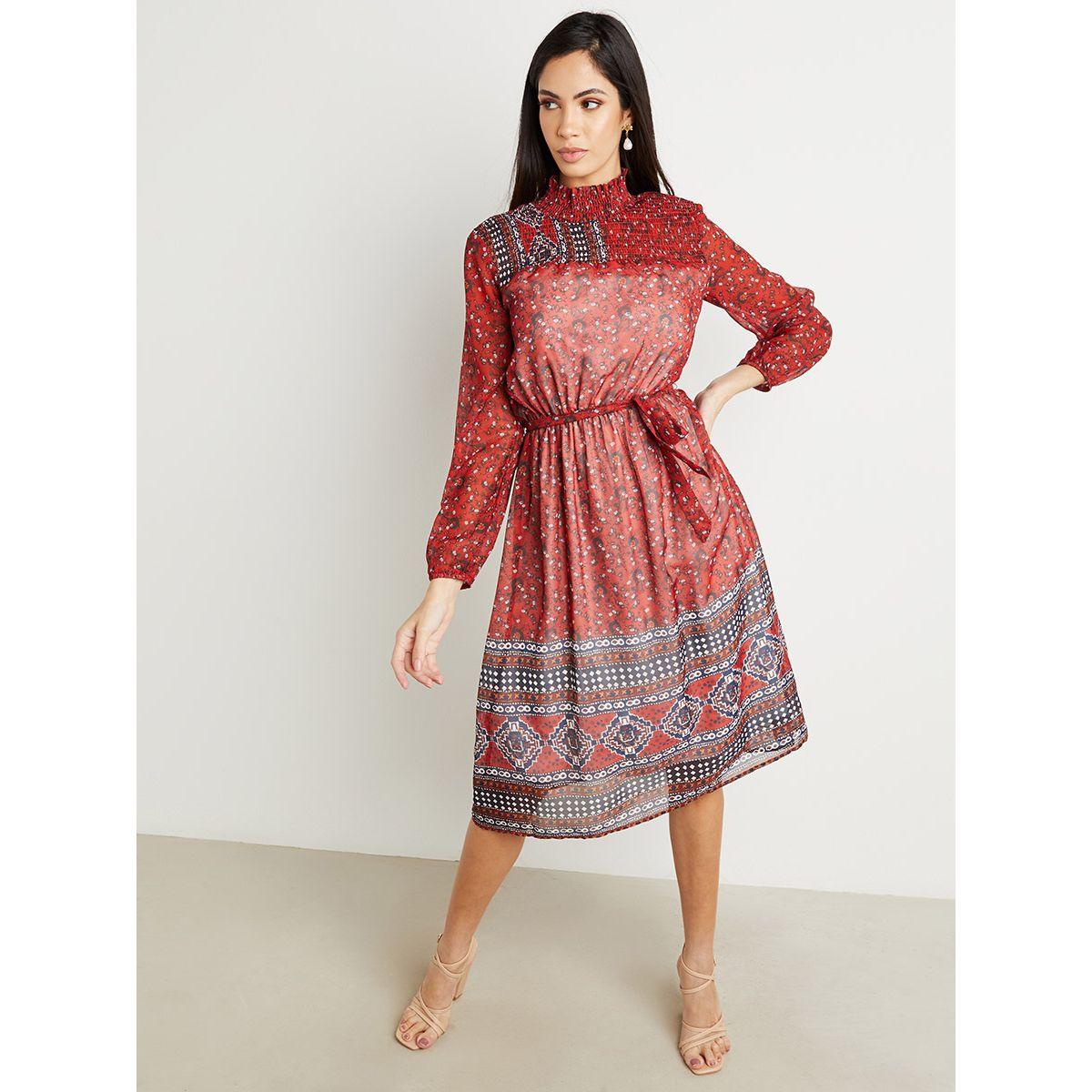 Styli Shirred High Neck Boho Printed A-Line Midi Dress-women-clothing-dresses-image-2