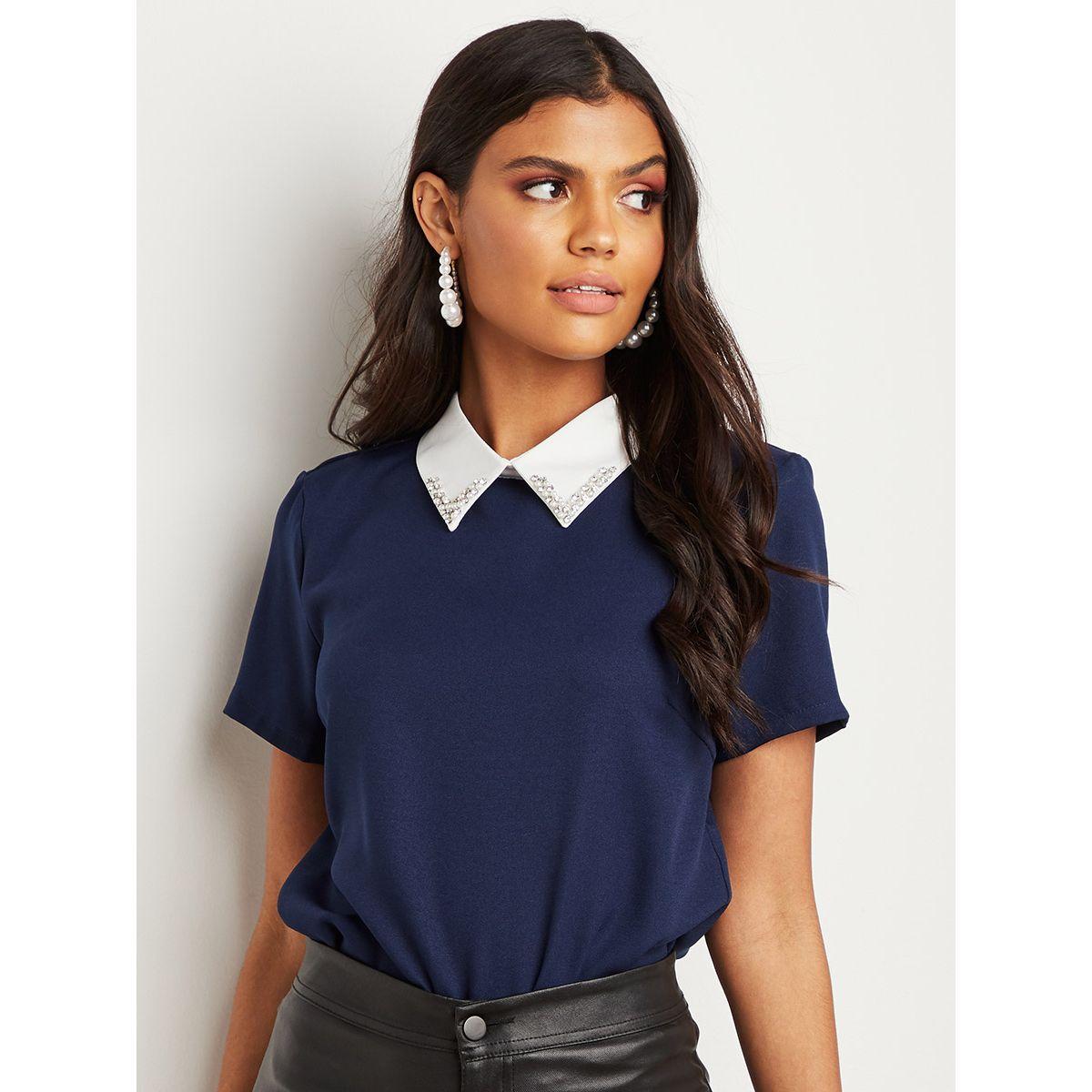 Styli Embellished Collar Blouse with Short Sleeves-women-clothing-shirtsandblouses-blouses-image-1