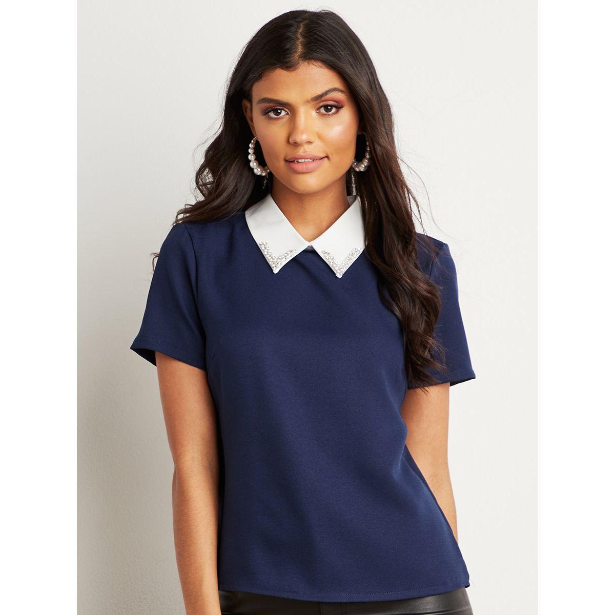 Styli Embellished Collar Blouse with Short Sleeves-women-clothing-shirtsandblouses-blouses-image-3