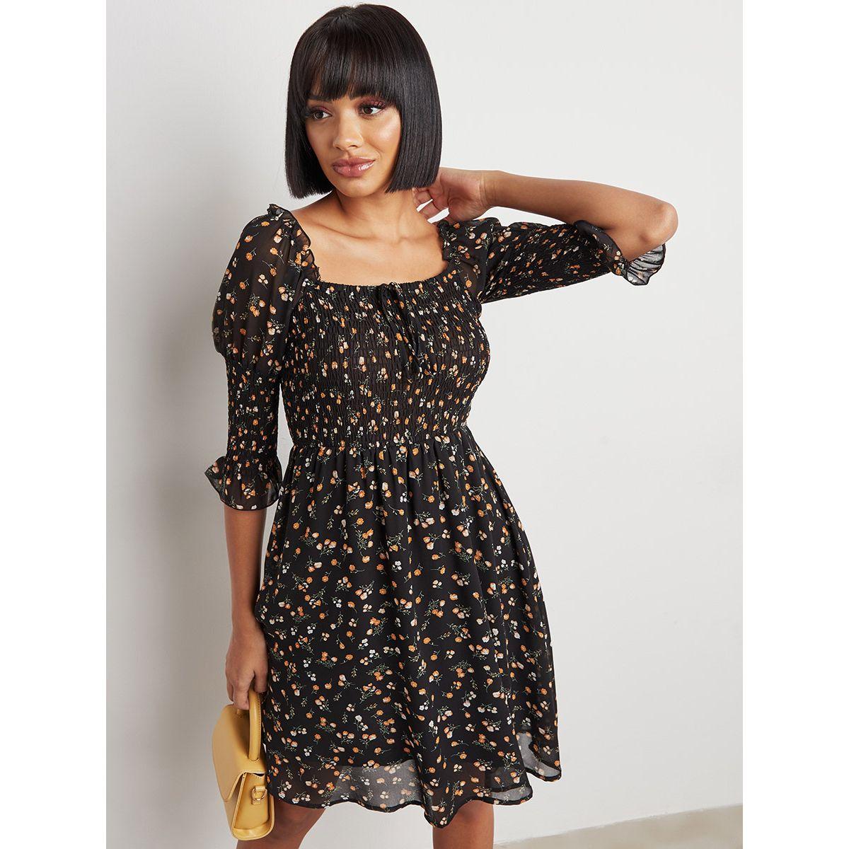 Styli Shirred Puff Sleeves Floral Printed Mini Dress-women-clothing-dresses-image-1