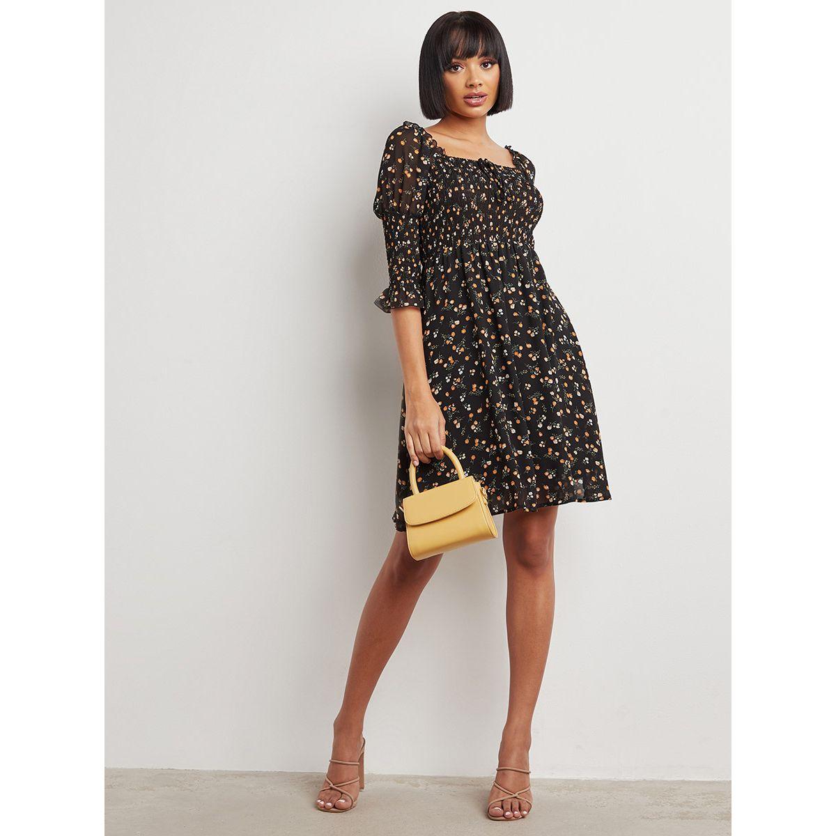 Styli Shirred Puff Sleeves Floral Printed Mini Dress-women-clothing-dresses-image-2