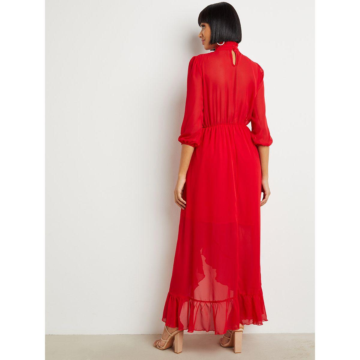 Styli High Neck Ruffle Trim Detail A-Line Maxi Dress-women-clothing-dresses-image-3