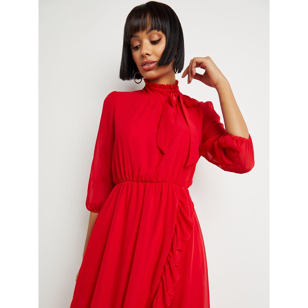 Styli High Neck Ruffle Trim Detail A-Line Maxi Dress-women-clothing-dresses-image-5