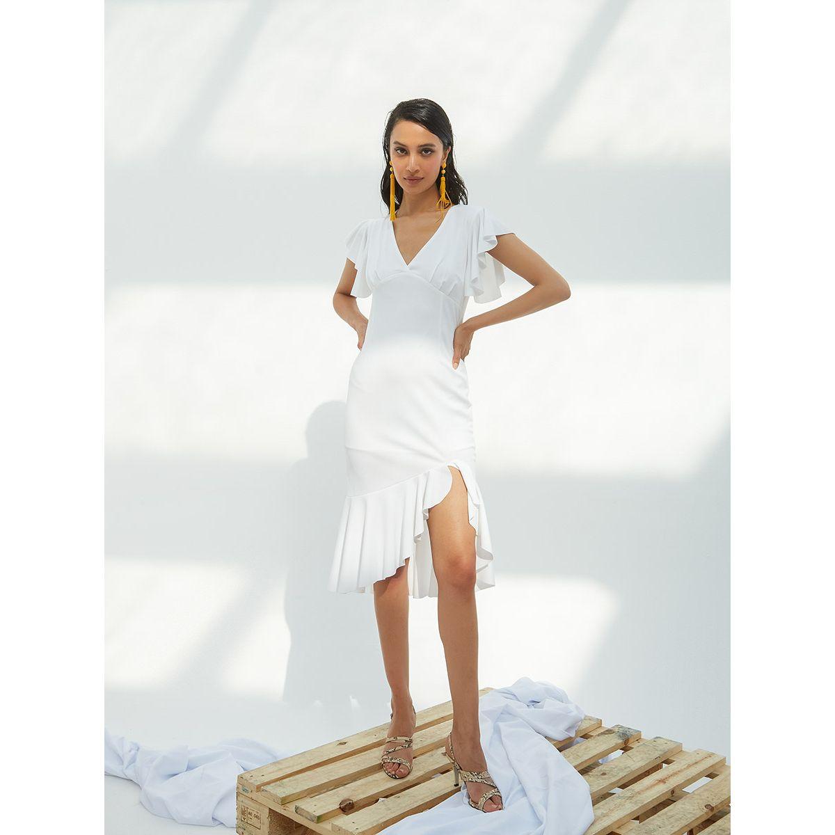 Styli Ruffled V Neck Bodycon Midi Dress-women-clothing-dresses-image-1