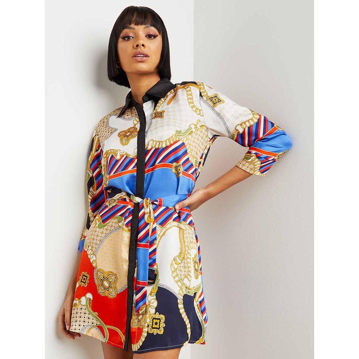 فستان قصير مطبوع بربطة خصر من ستايلي-women-clothing-dresses-image-1