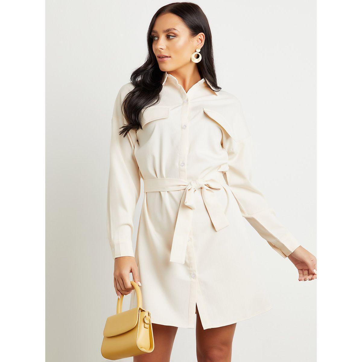 Styli Button Closure Self Tie Belt Mini Dress-women-clothing-dresses-image-1