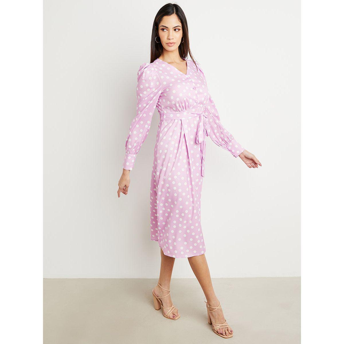 Styli Polka Dot Print Puff Sleeves Midi Dress with Tie Belt-women-clothing-dresses-image-1