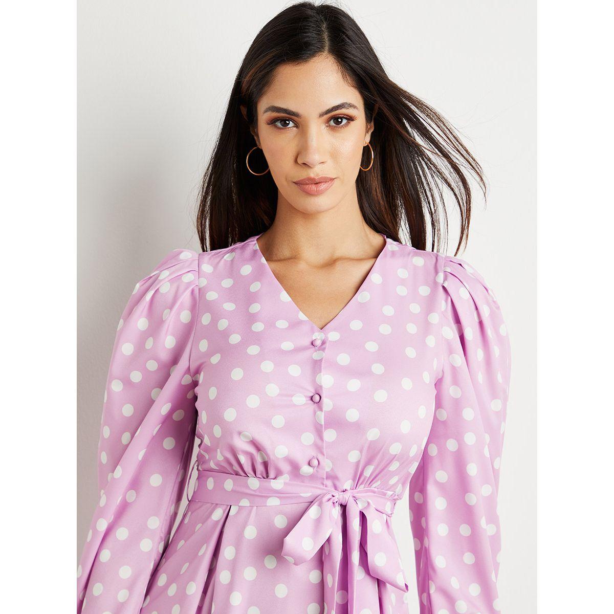 Styli Polka Dot Print Puff Sleeves Midi Dress with Tie Belt-women-clothing-dresses-image-2