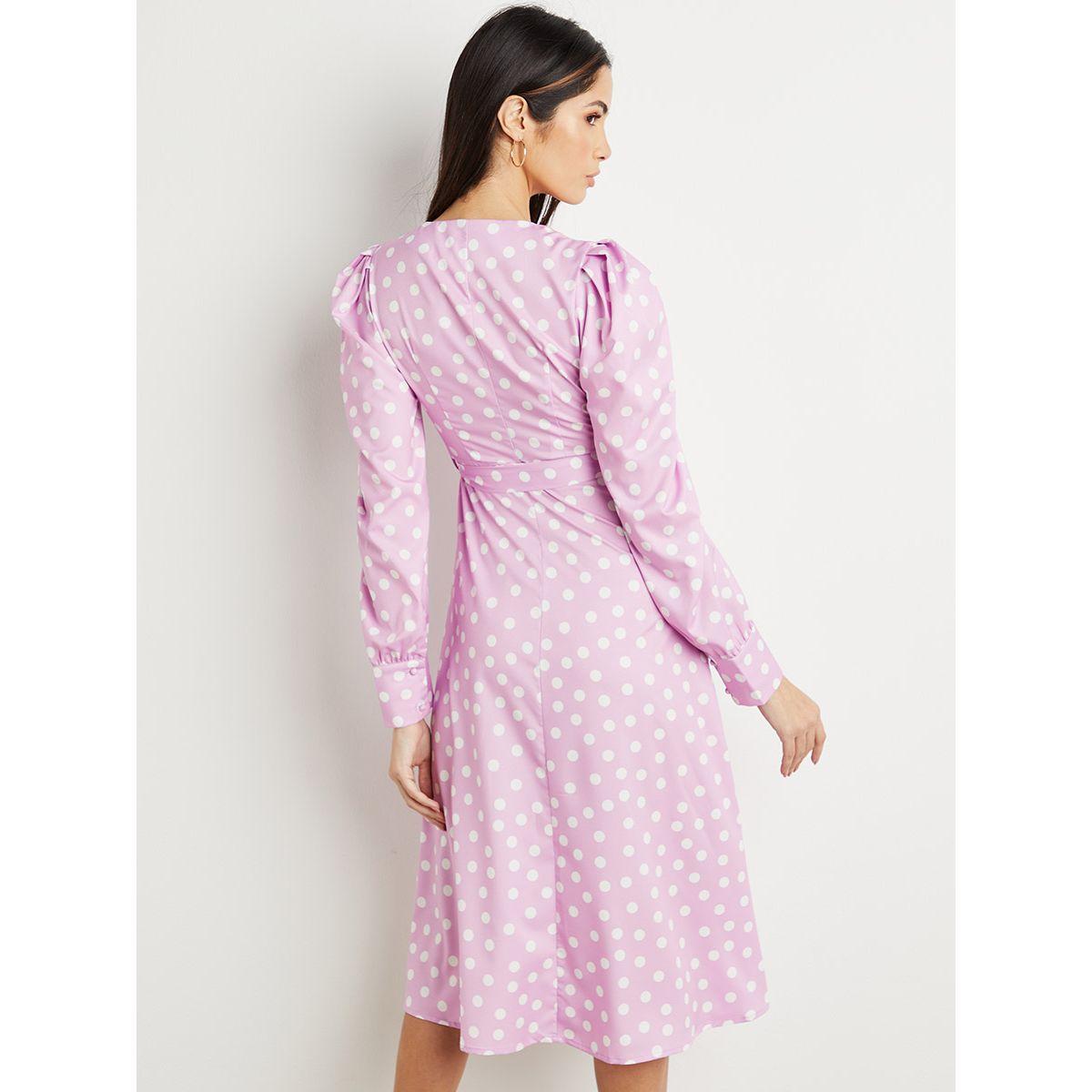 Styli Polka Dot Print Puff Sleeves Midi Dress with Tie Belt-women-clothing-dresses-image-3