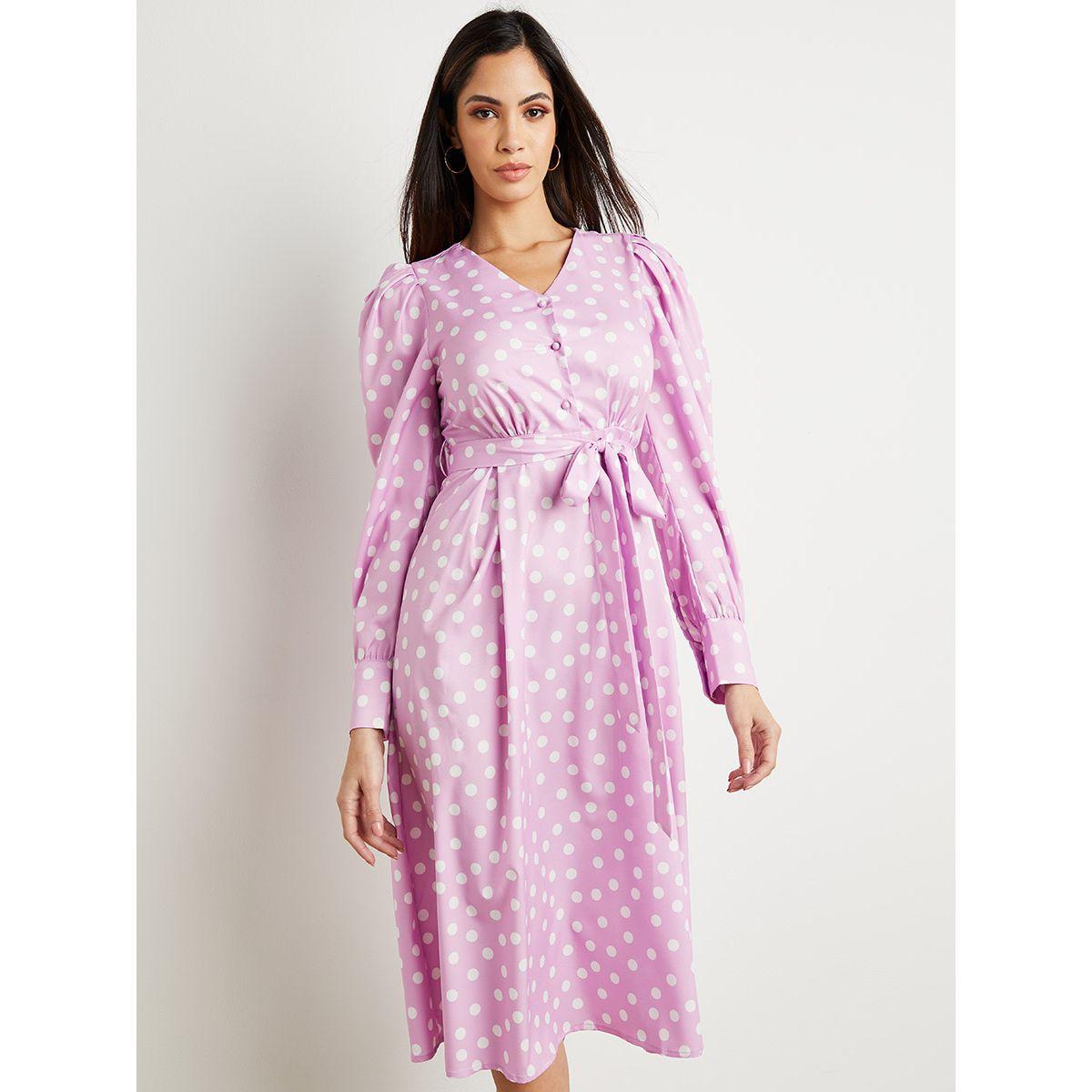 Styli Polka Dot Print Puff Sleeves Midi Dress with Tie Belt-women-clothing-dresses-image-4